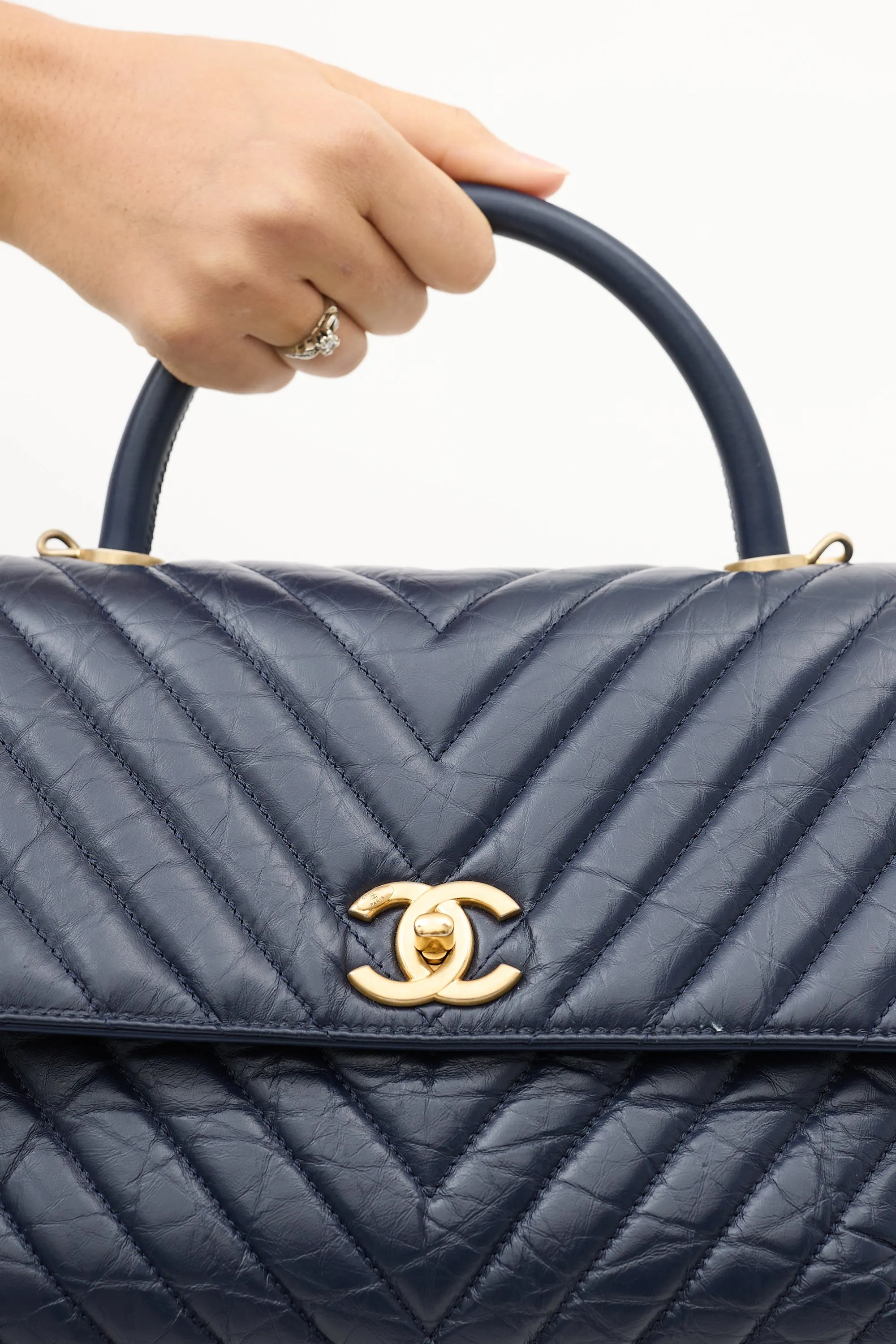 2018 Navy Chevron Leather Medium Coco Handle Bag