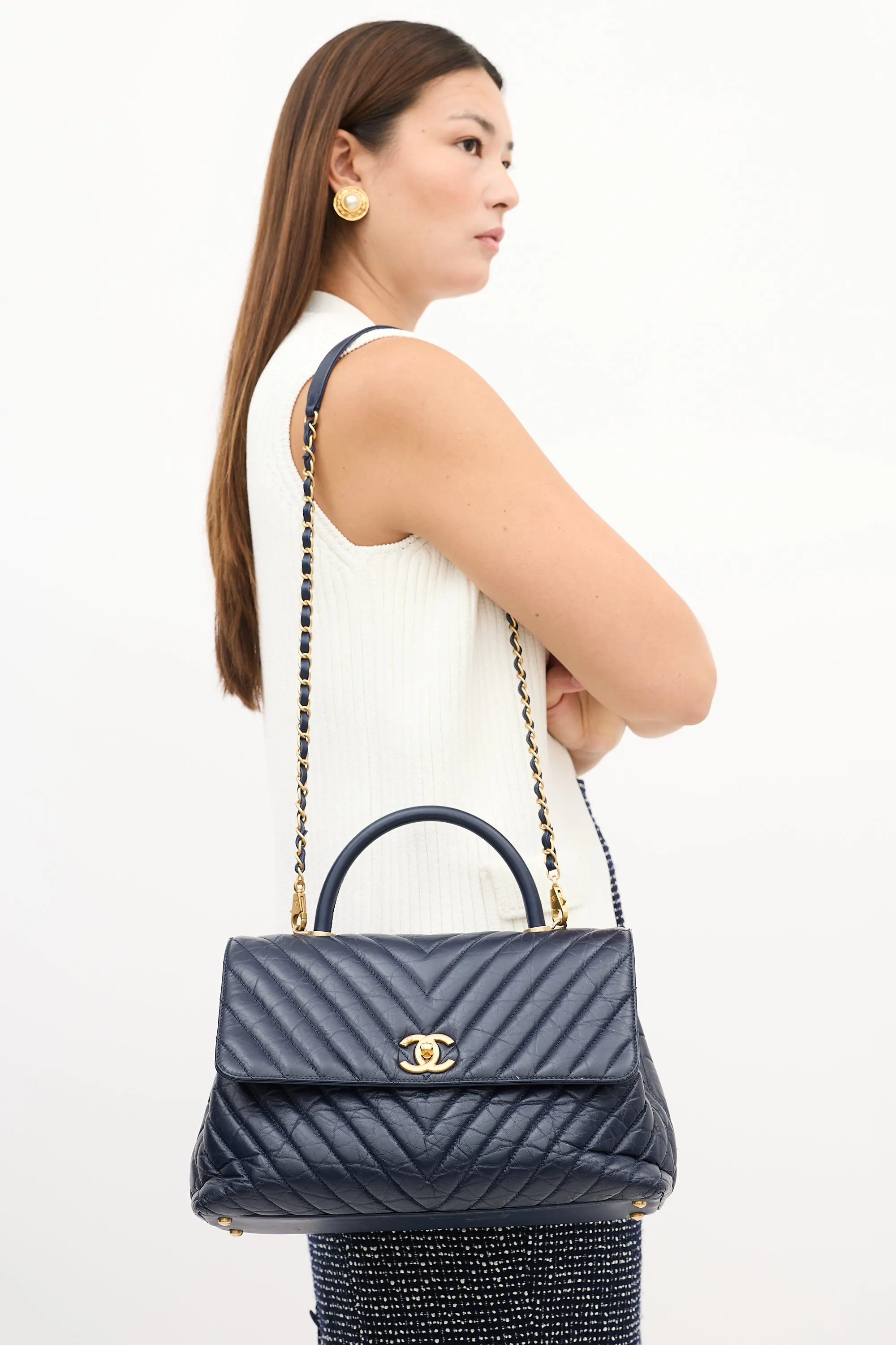 2018 Navy Chevron Leather Medium Coco Handle Bag