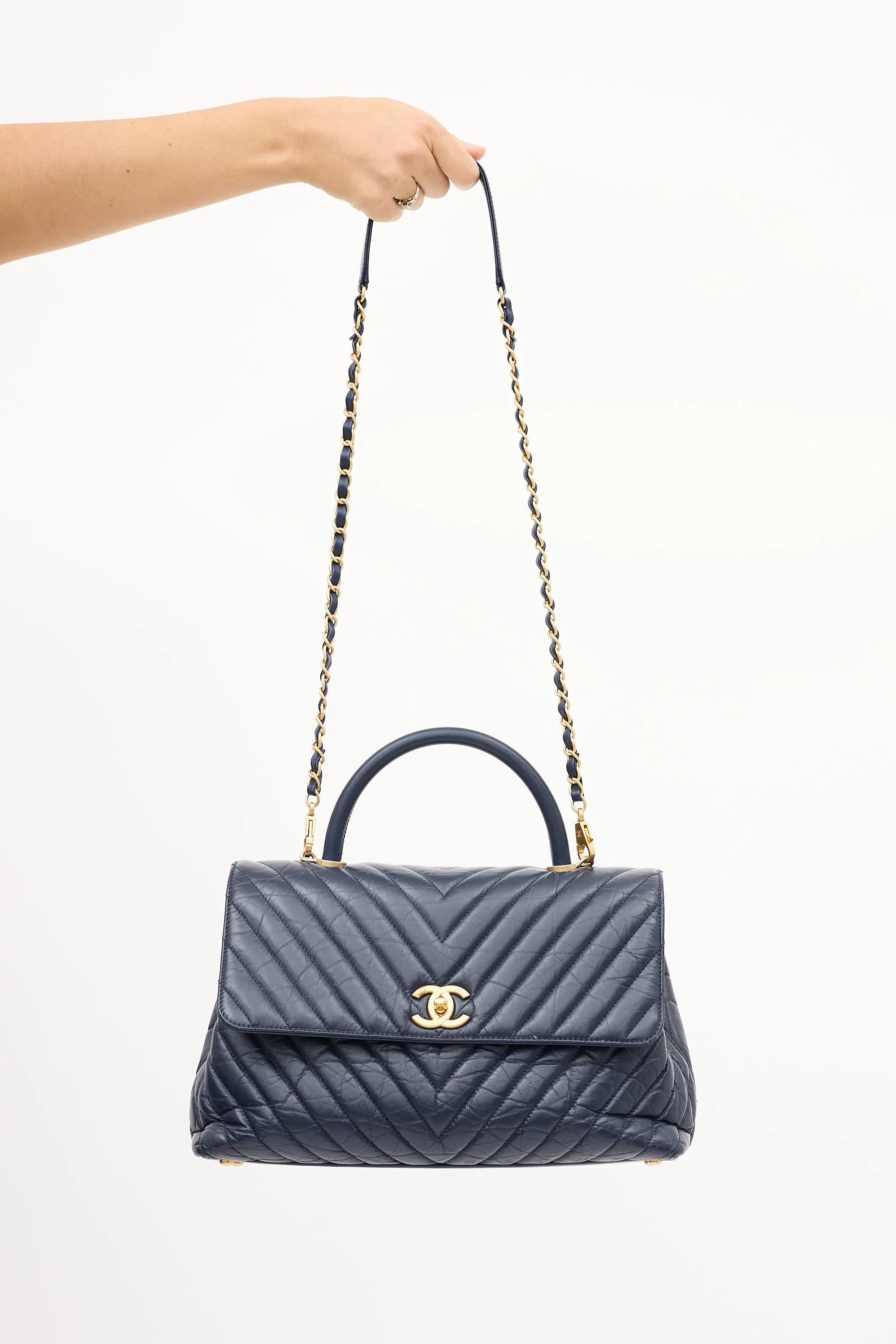 2018 Navy Chevron Leather Medium Coco Handle Bag