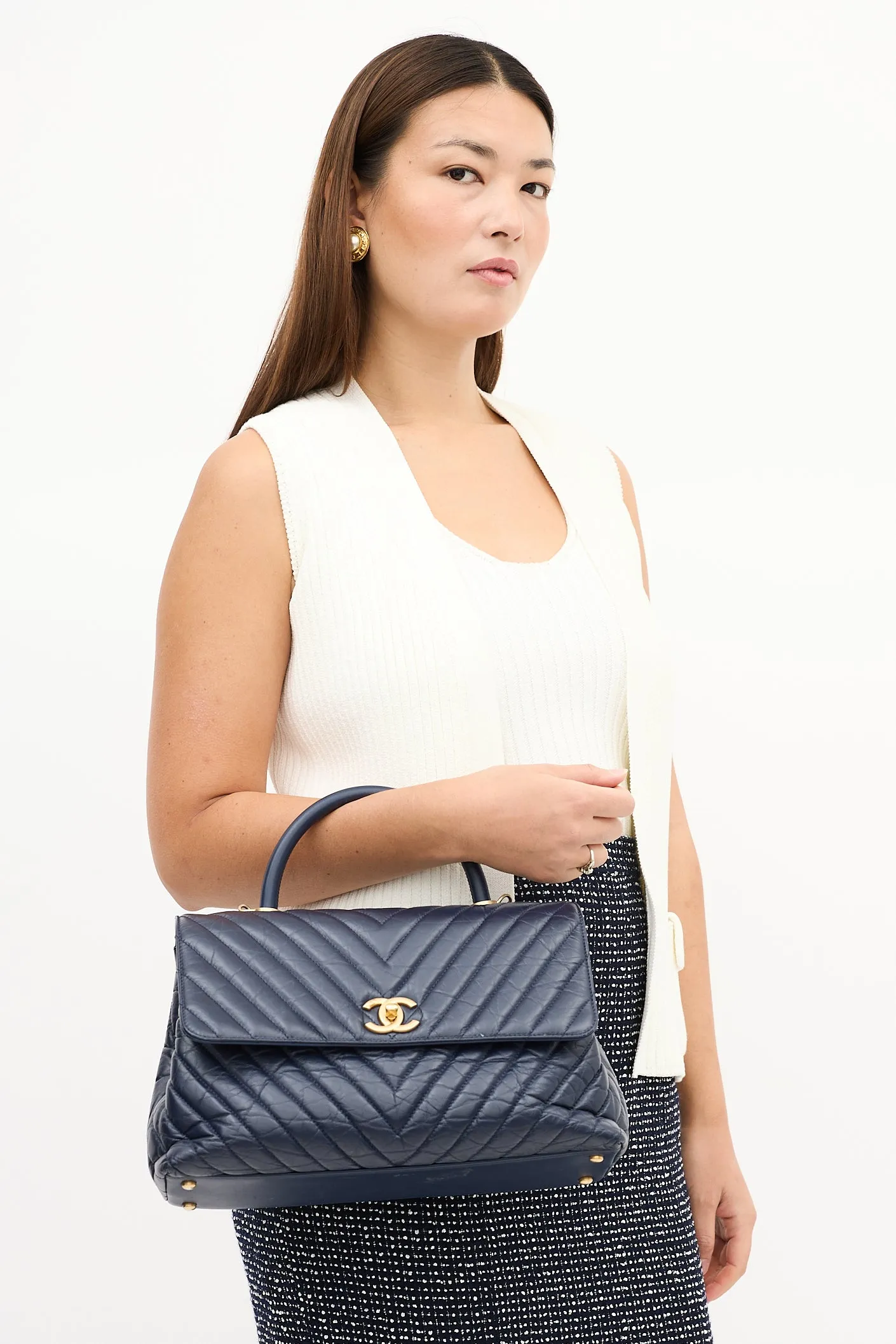2018 Navy Chevron Leather Medium Coco Handle Bag