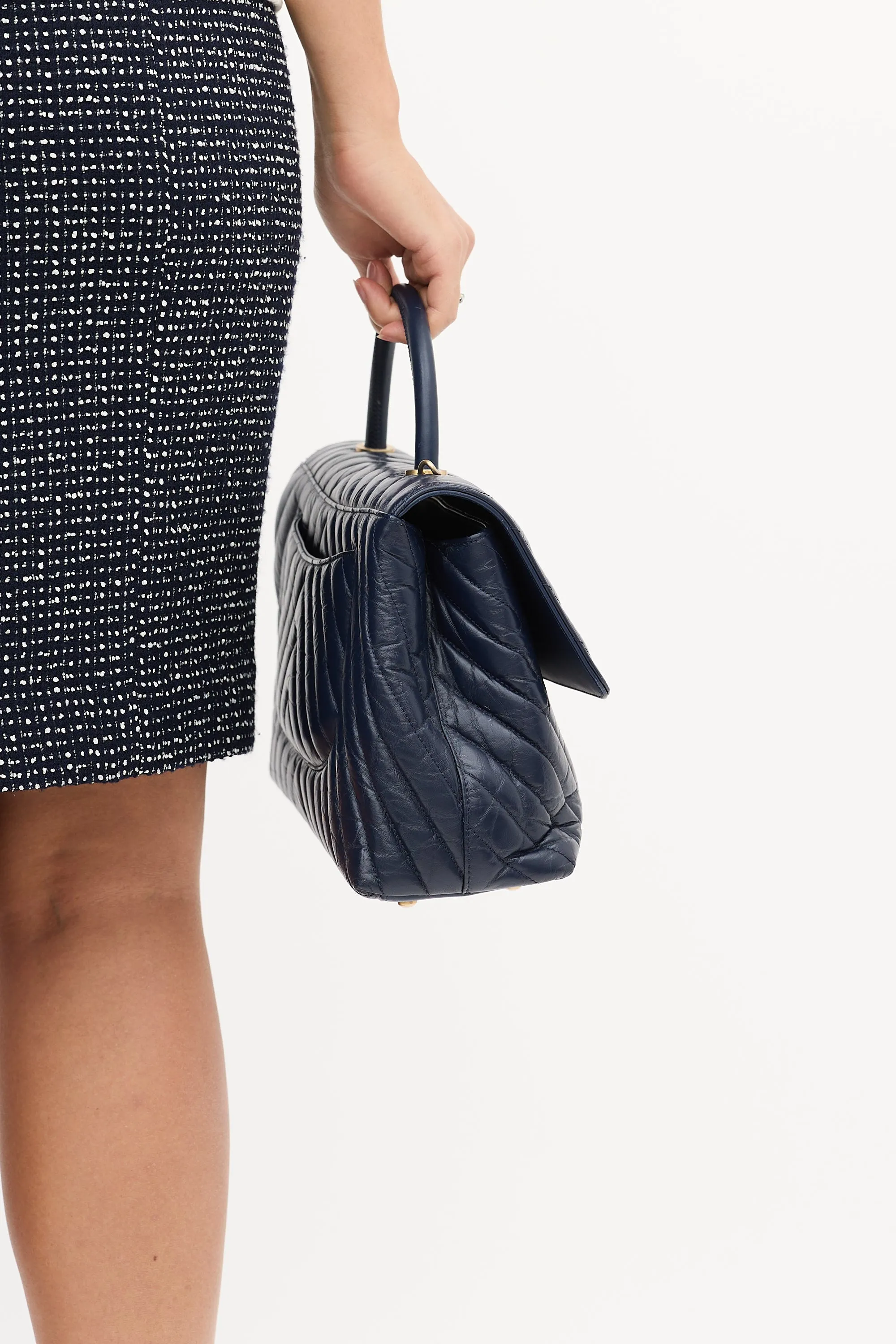 2018 Navy Chevron Leather Medium Coco Handle Bag