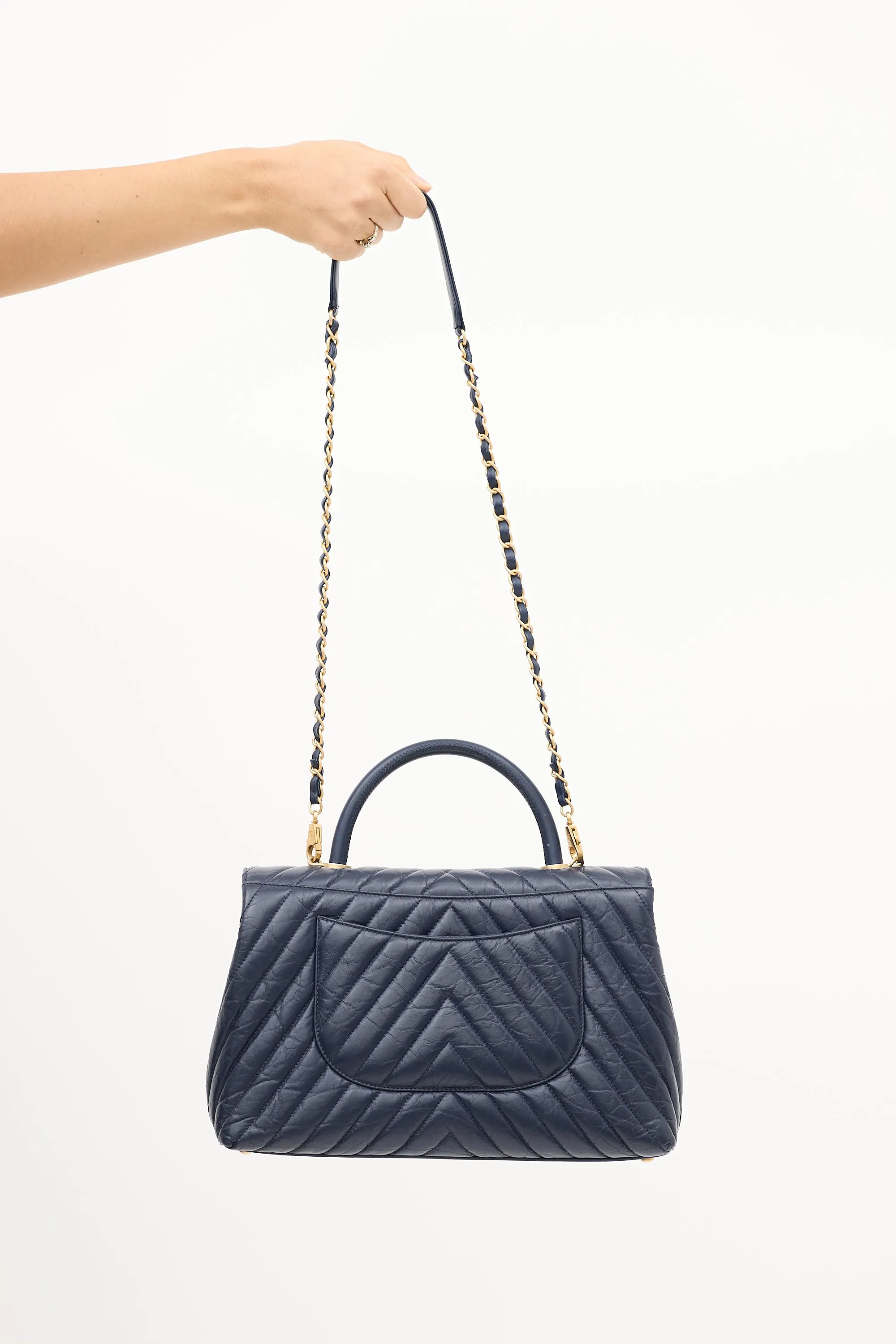 2018 Navy Chevron Leather Medium Coco Handle Bag