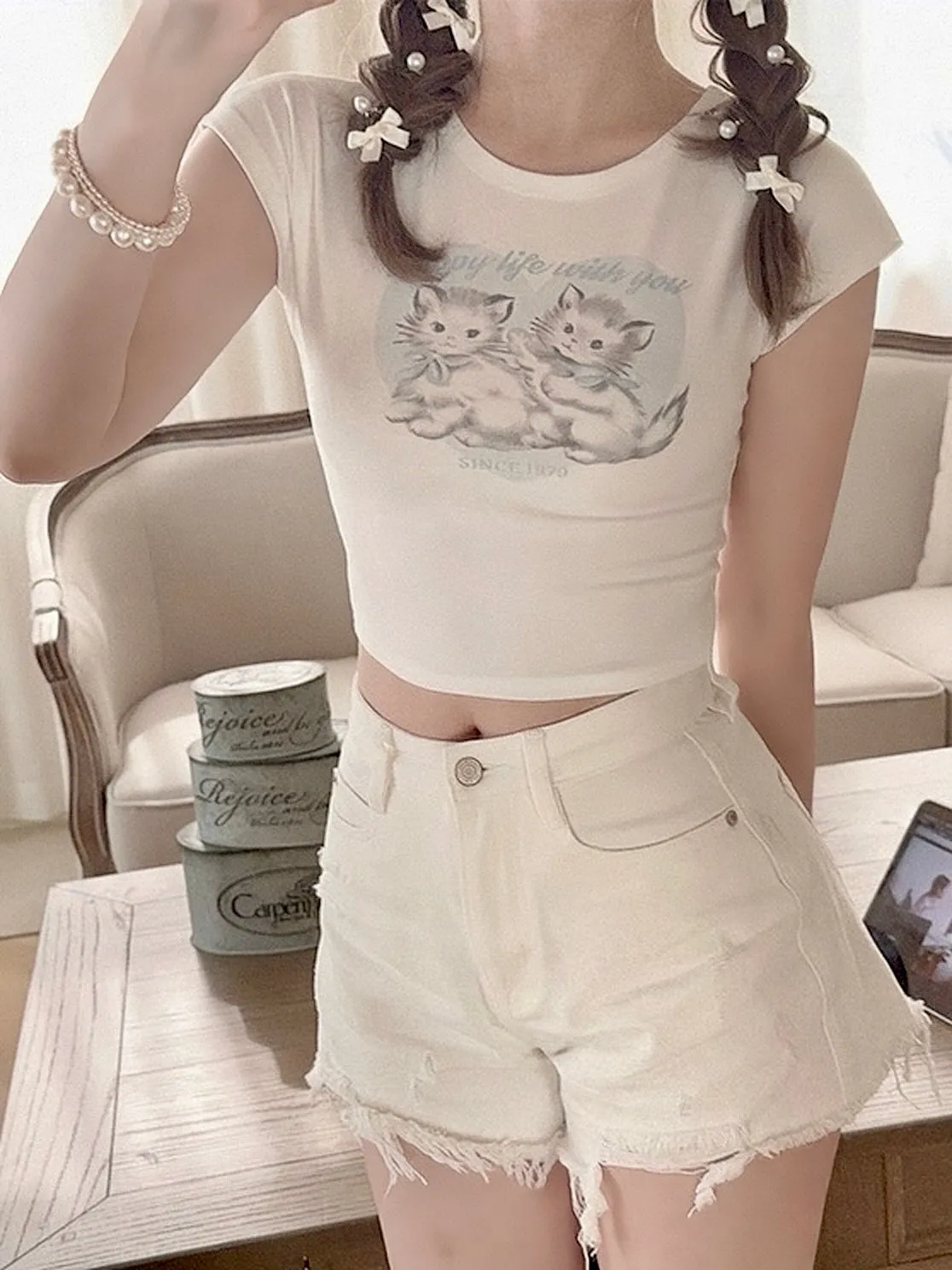 Angel Kitty Cotton Crop top