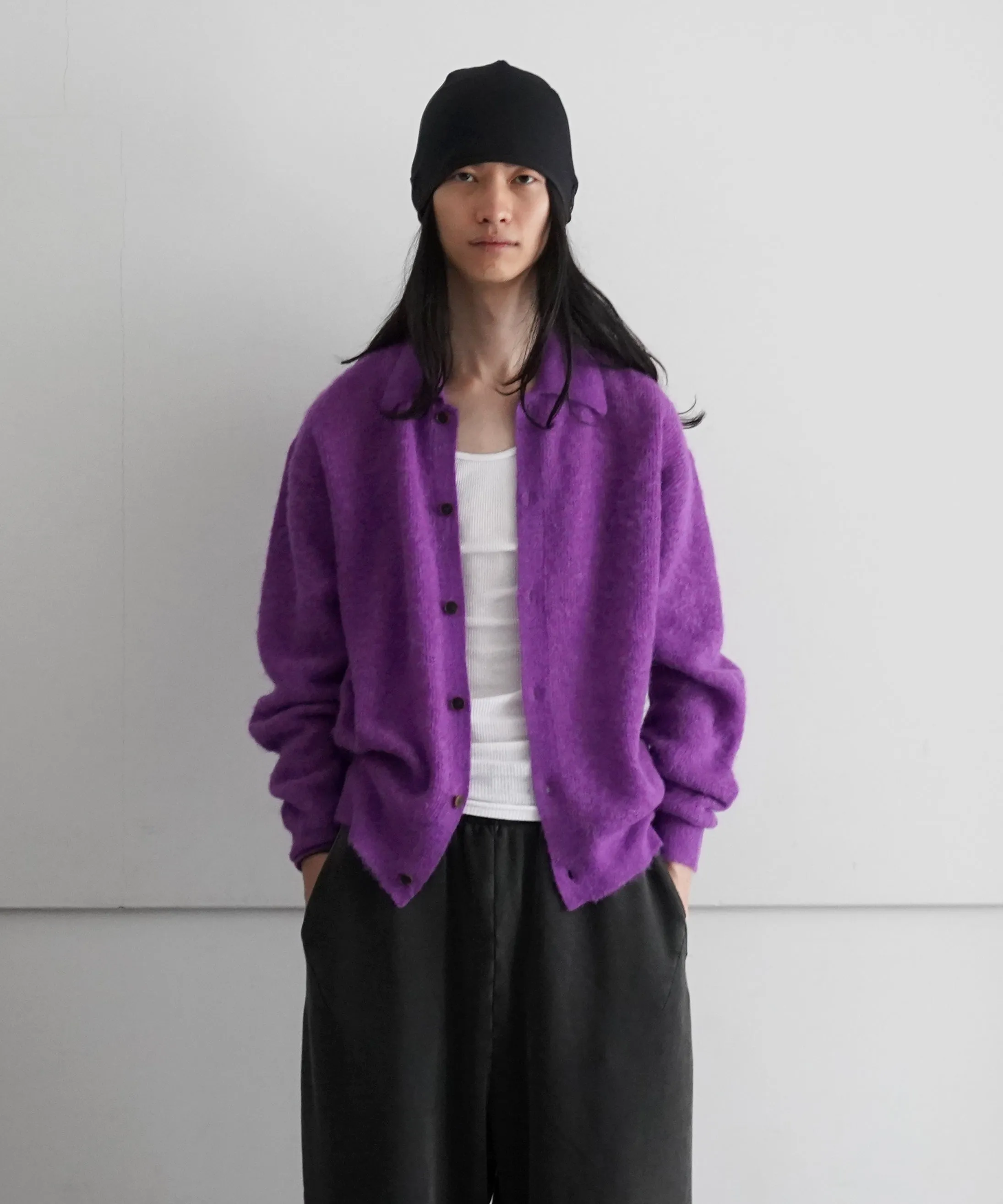 AURALEE BABY SURI ALPACA KNIT SHIRT CARDIGAN "PURPLE"