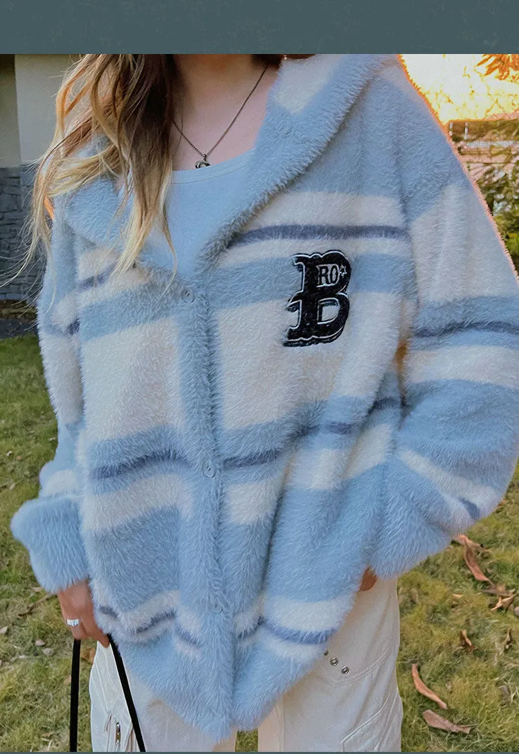 B Letter Embroidery Stripe Long Sleeve Button Up Hooded Sweater