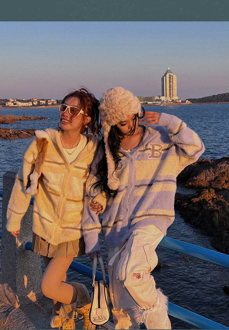B Letter Embroidery Stripe Long Sleeve Button Up Hooded Sweater