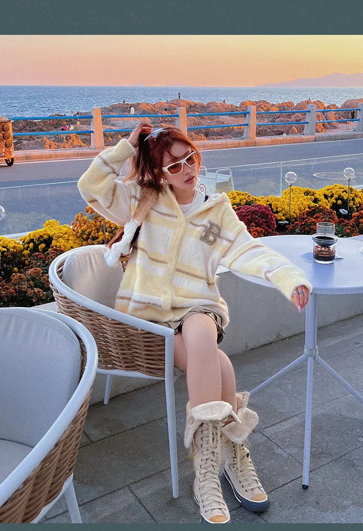 B Letter Embroidery Stripe Long Sleeve Button Up Hooded Sweater