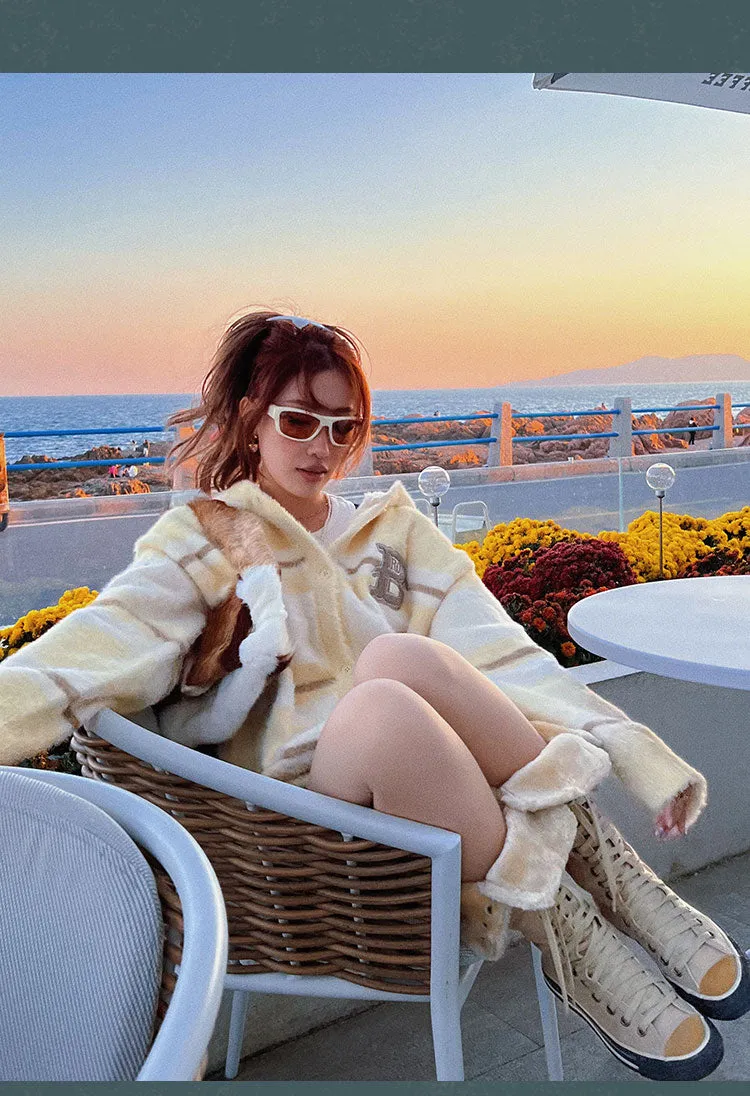 B Letter Embroidery Stripe Long Sleeve Button Up Hooded Sweater