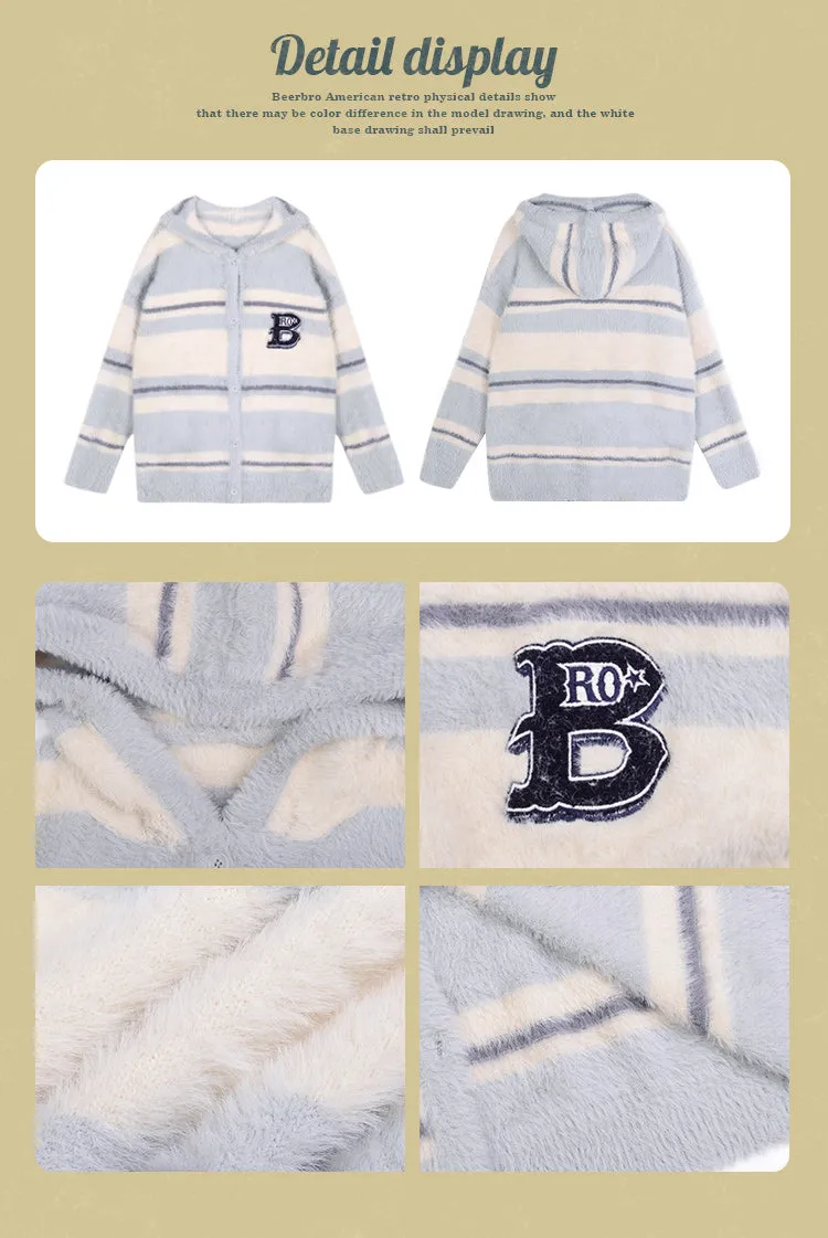 B Letter Embroidery Stripe Long Sleeve Button Up Hooded Sweater