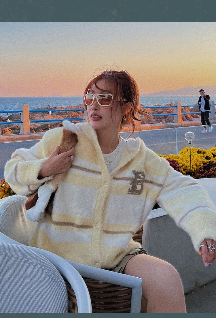 B Letter Embroidery Stripe Long Sleeve Button Up Hooded Sweater