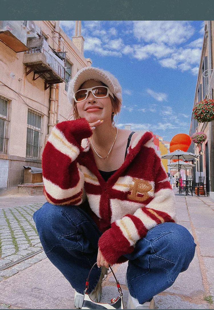 B Letter Embroidery Stripe Long Sleeve Button Up Hooded Sweater