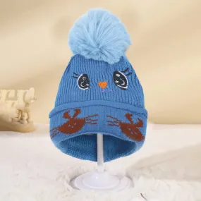 Baby Moo Tweety Eyes Pom Pom Woollen Cap - Blue