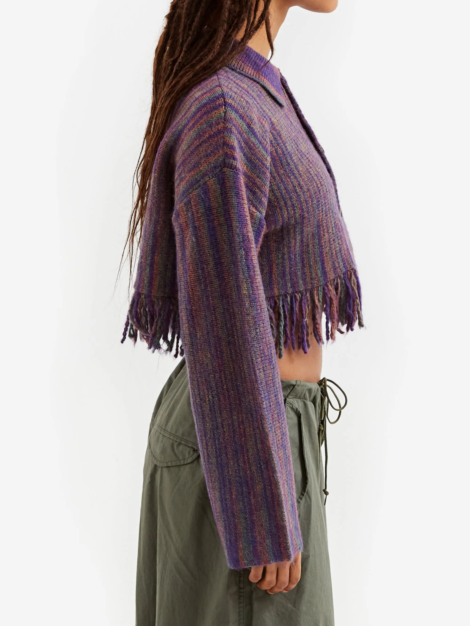 Beams Boy Kasuri Fringe Cardigan - Purple