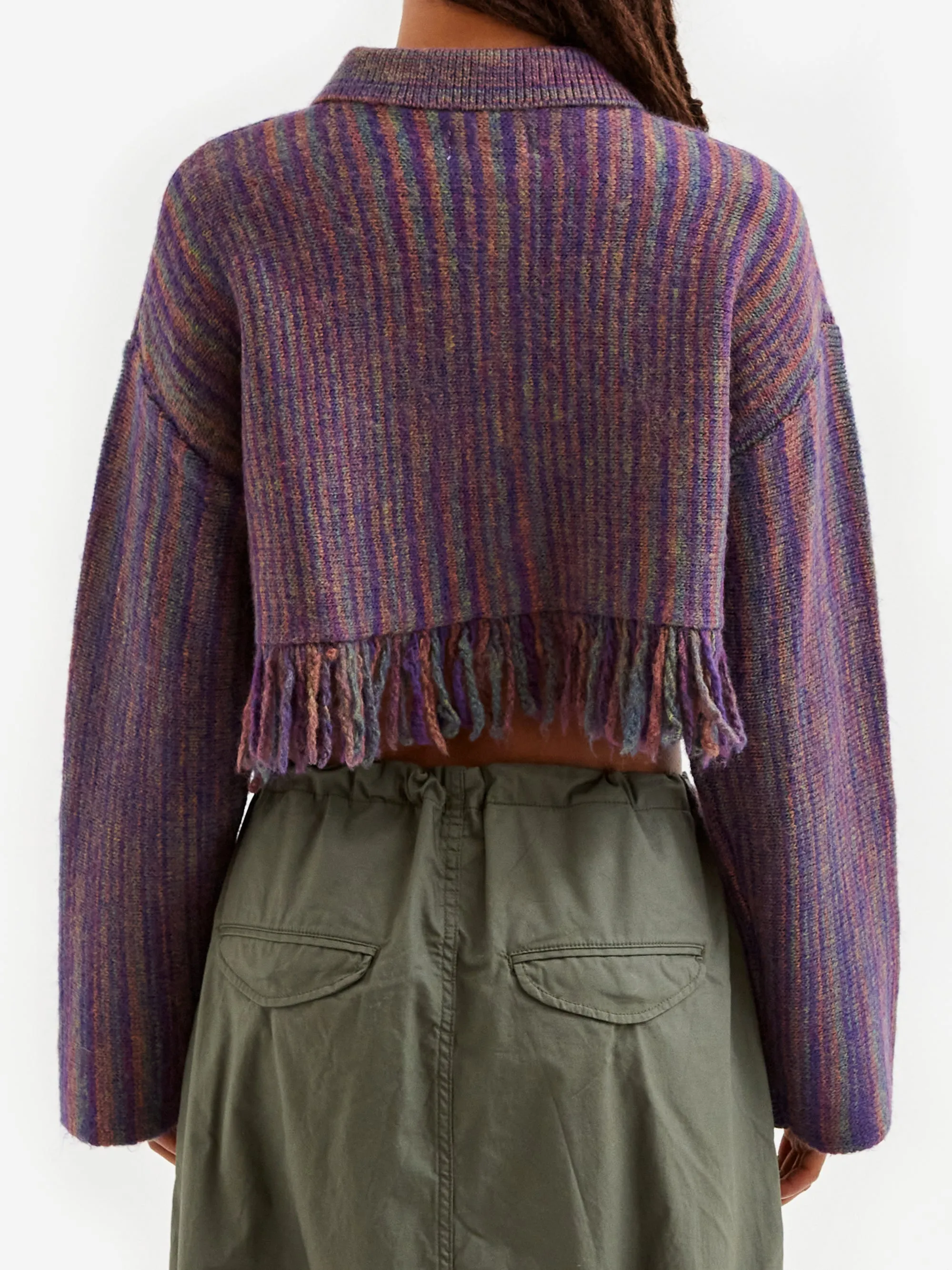 Beams Boy Kasuri Fringe Cardigan - Purple