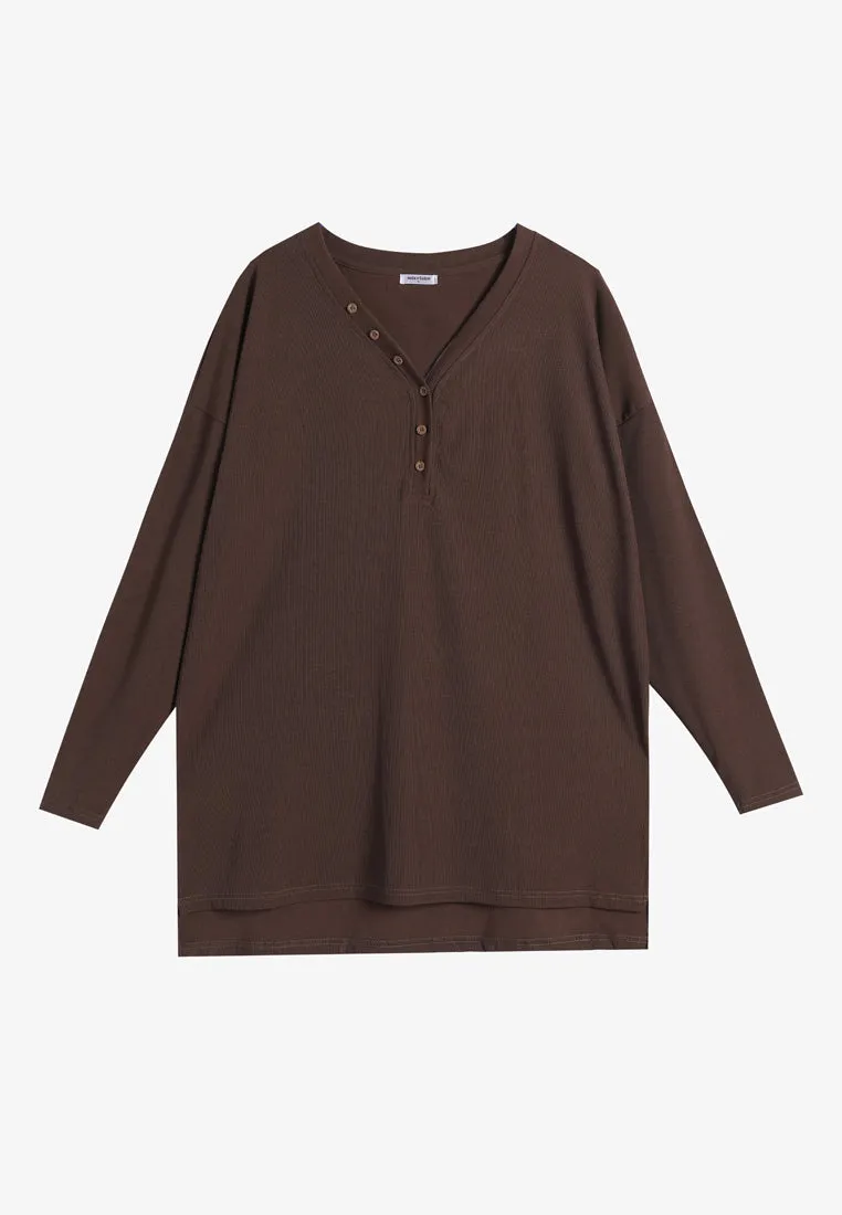Beatricia V Neck Button Ribbed Top - Brown