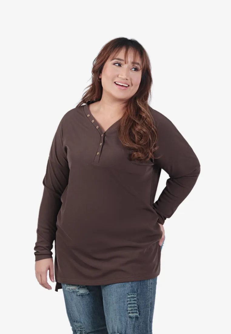 Beatricia V Neck Button Ribbed Top - Brown