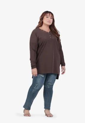 Beatricia V Neck Button Ribbed Top - Brown
