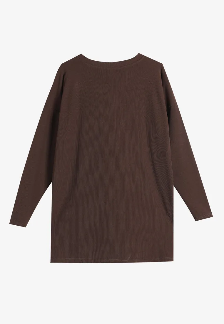 Beatricia V Neck Button Ribbed Top - Brown