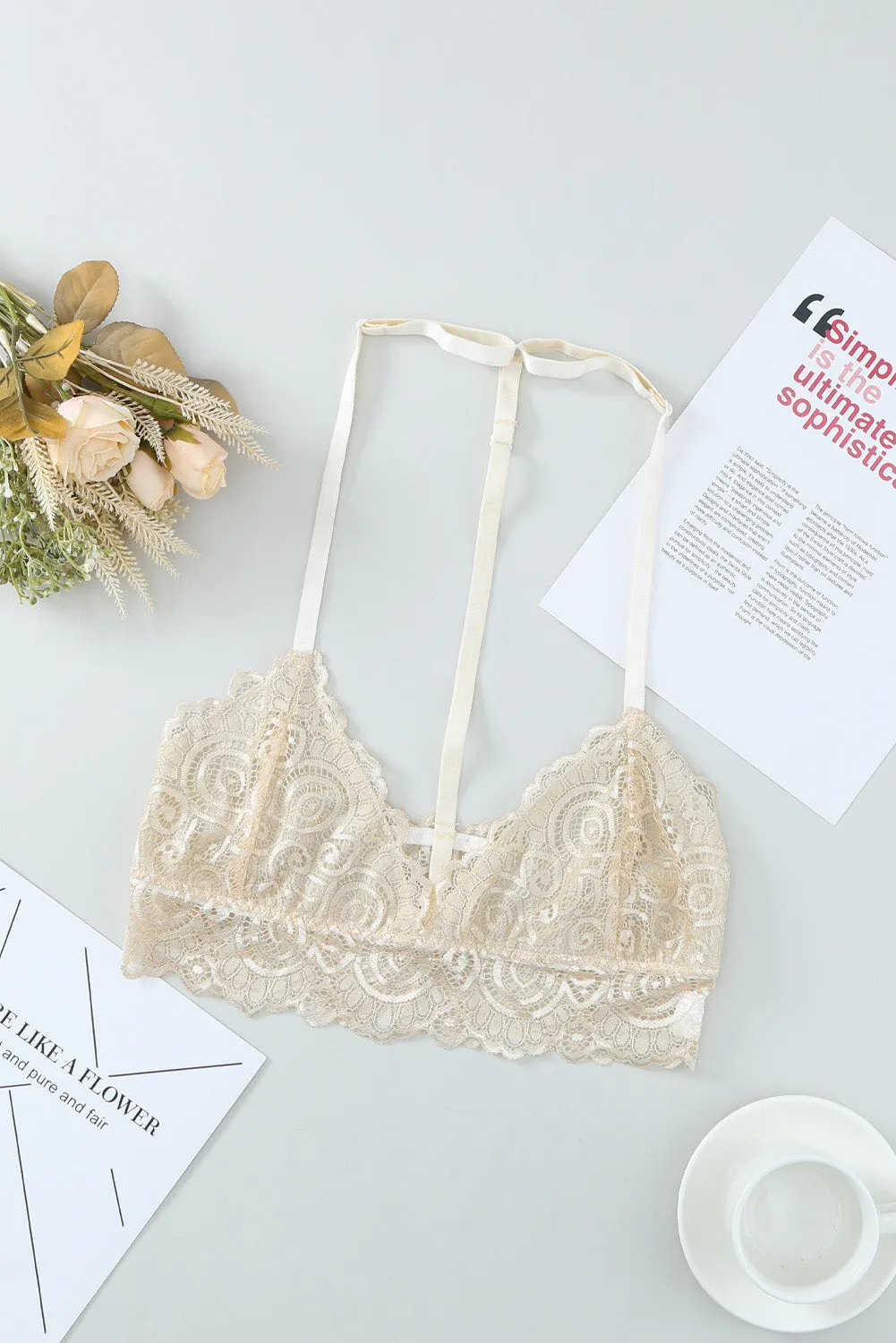 Beige Longline Lace T-back Bralette Top