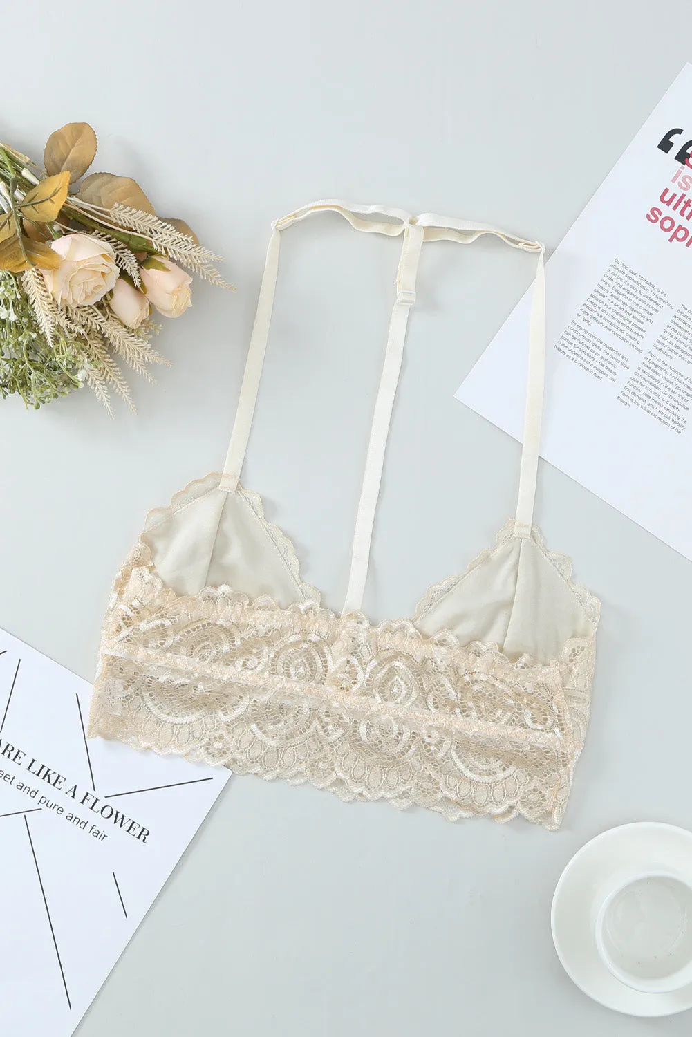 Beige Longline Lace T-back Bralette Top