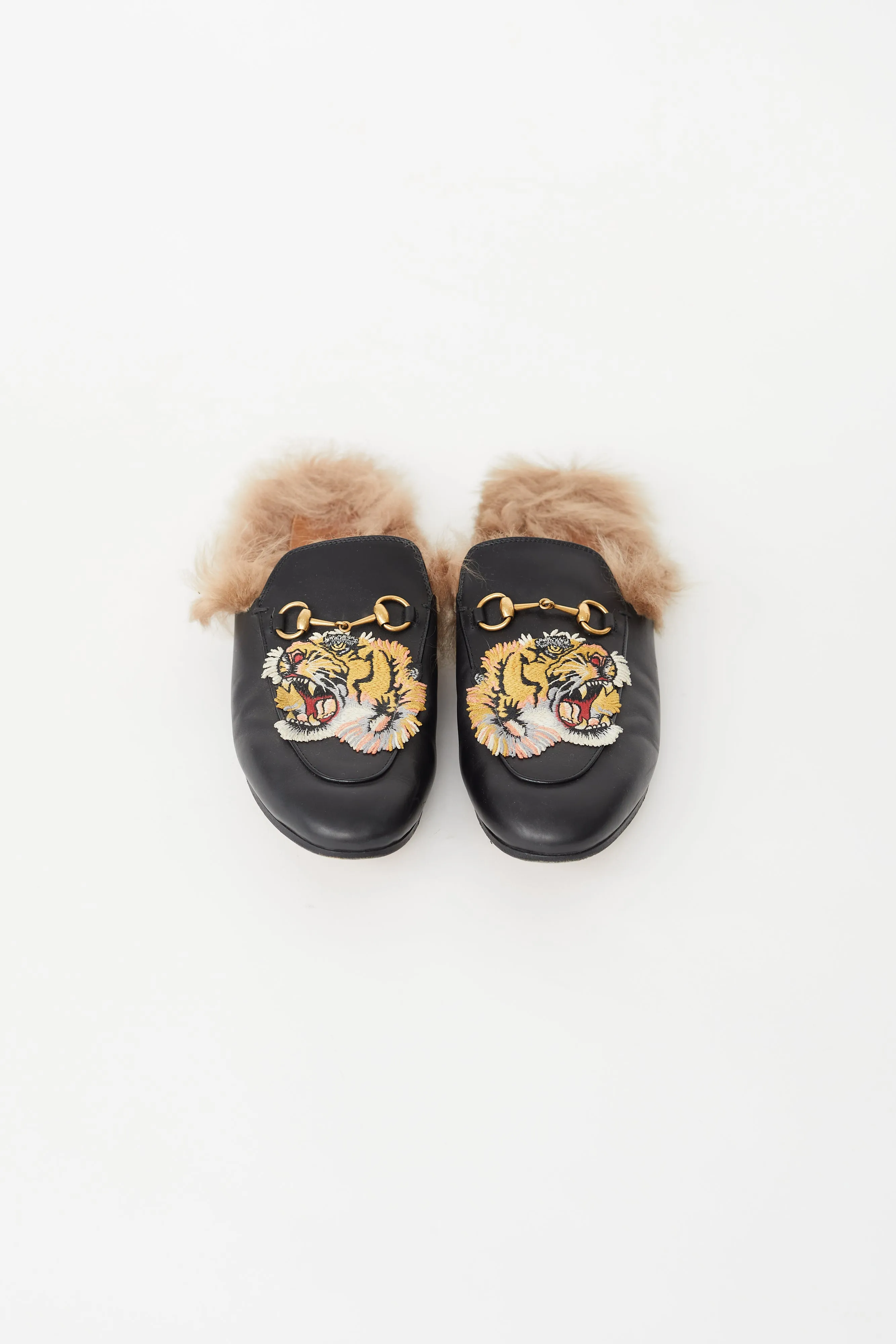 Black Leather & Fur Princetown Patch Mule