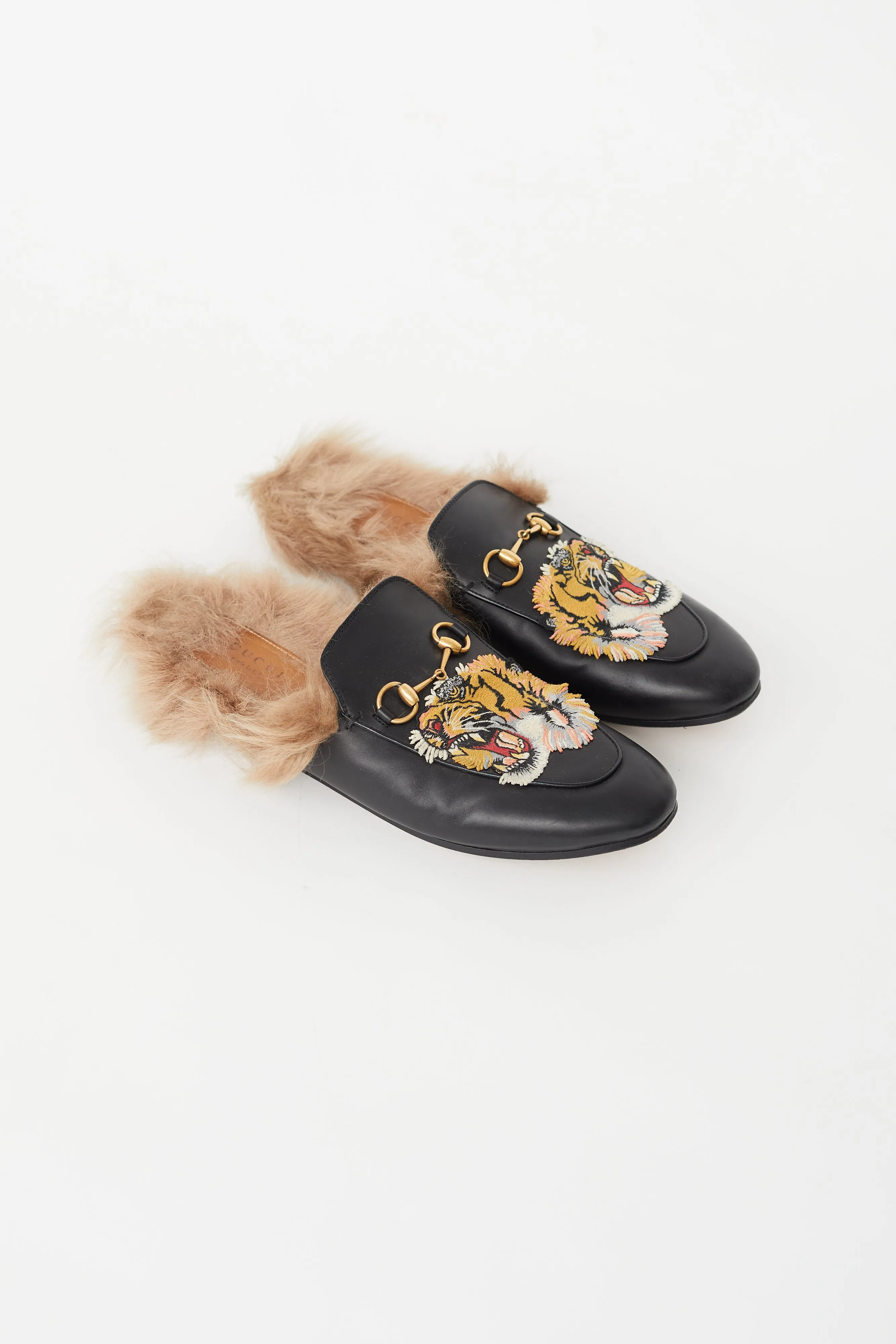 Black Leather & Fur Princetown Patch Mule