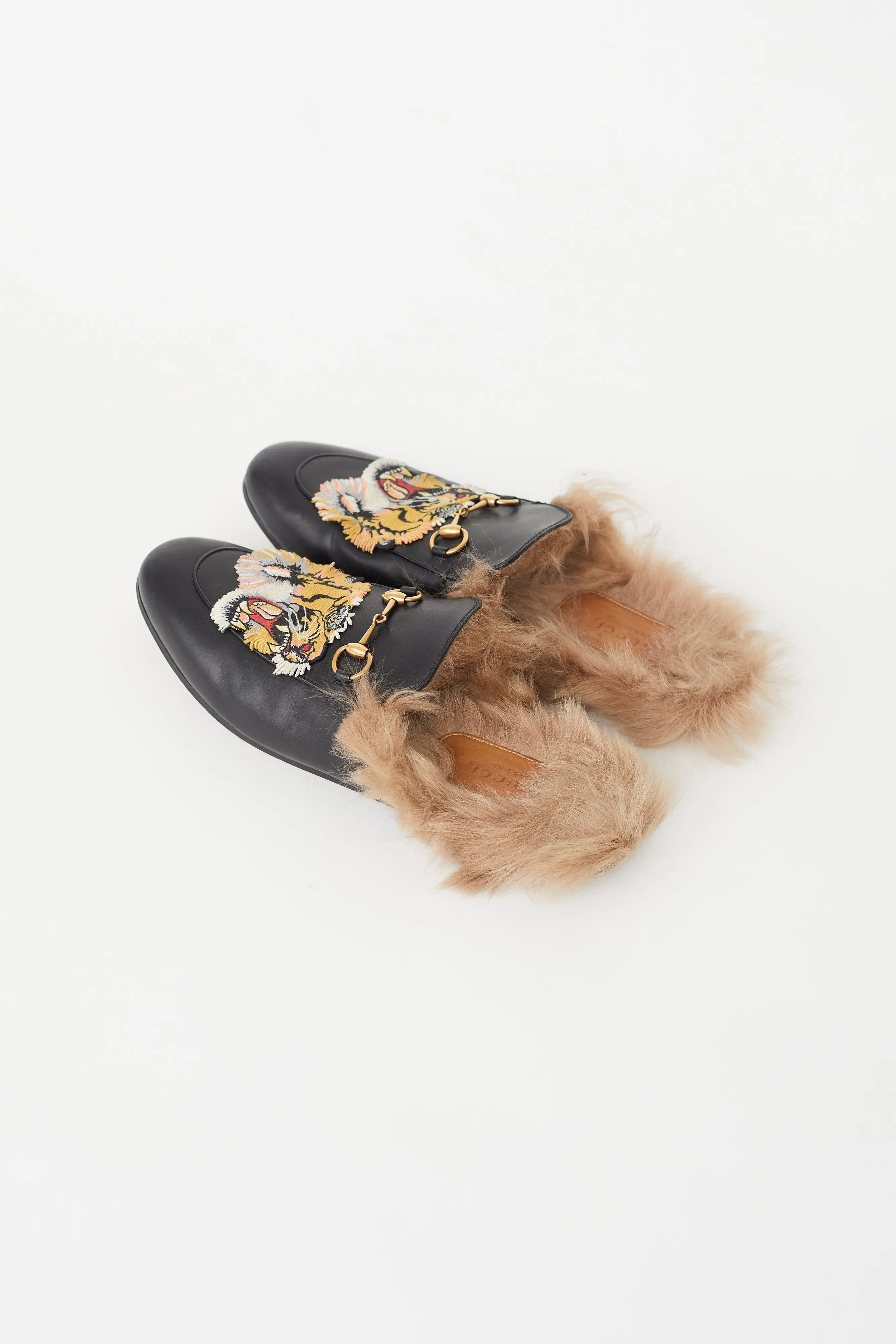 Black Leather & Fur Princetown Patch Mule