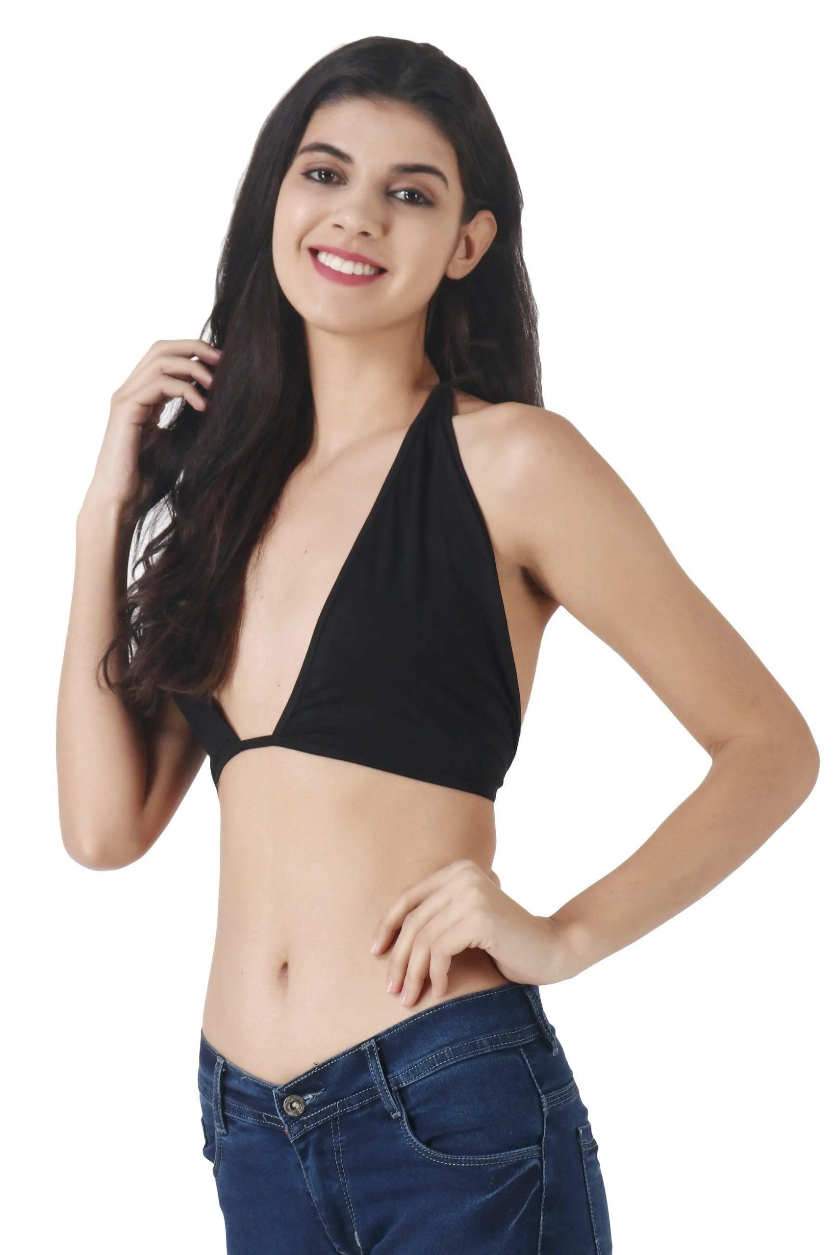Black Solid Adjustable Front Backless Tie Top