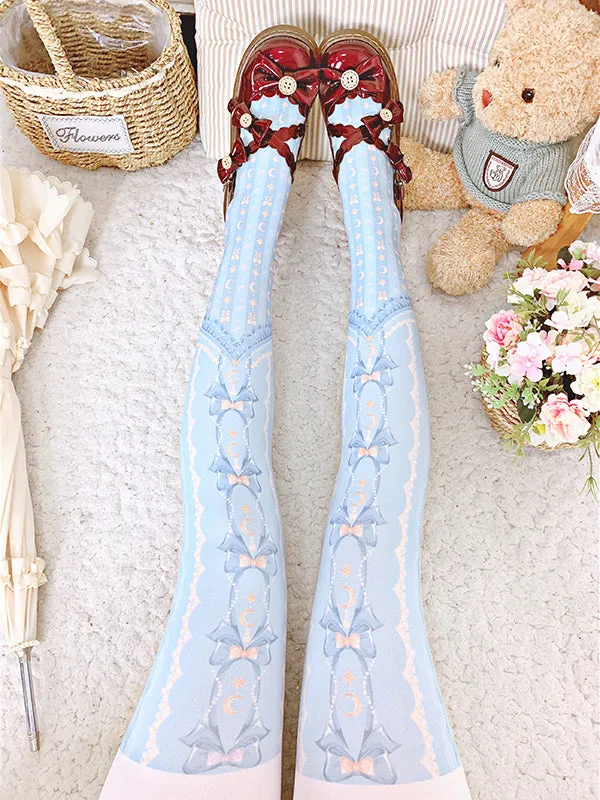Blue Moon and Bowknot Print Lolita Velvet Tights