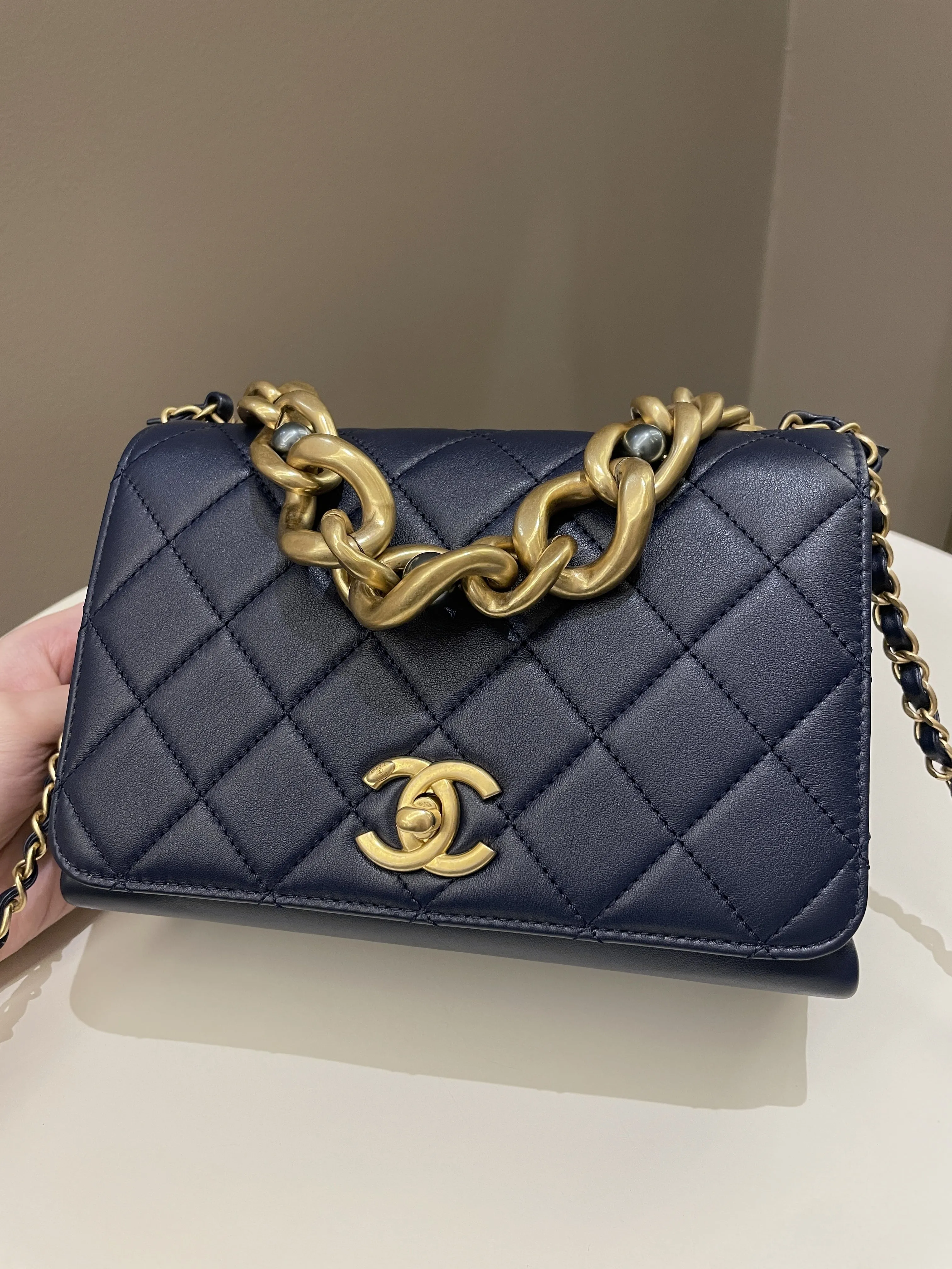 Chanel Chain Top Accordian Bag Navy Calfskin