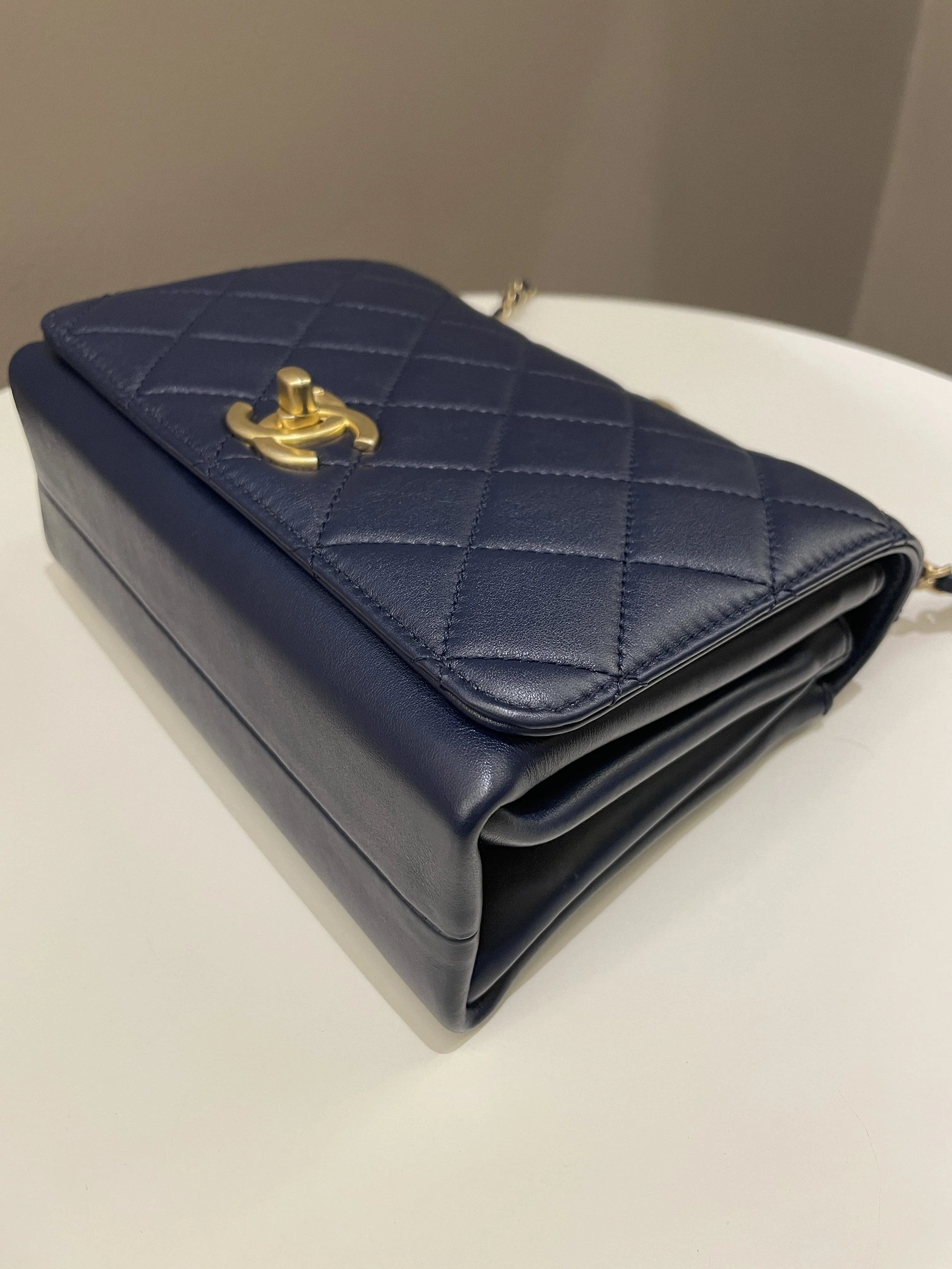Chanel Chain Top Accordian Bag Navy Calfskin