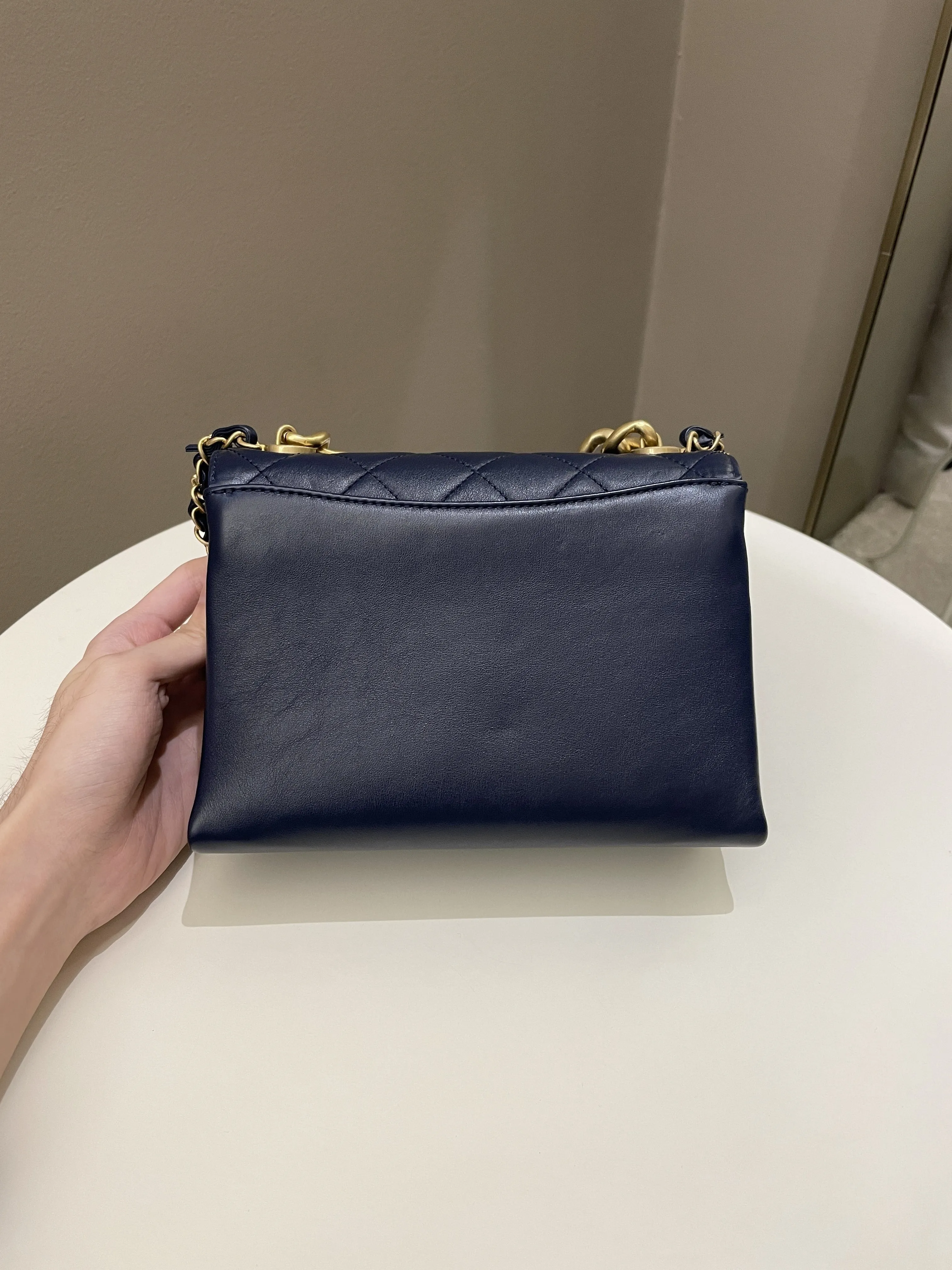 Chanel Chain Top Accordian Bag Navy Calfskin
