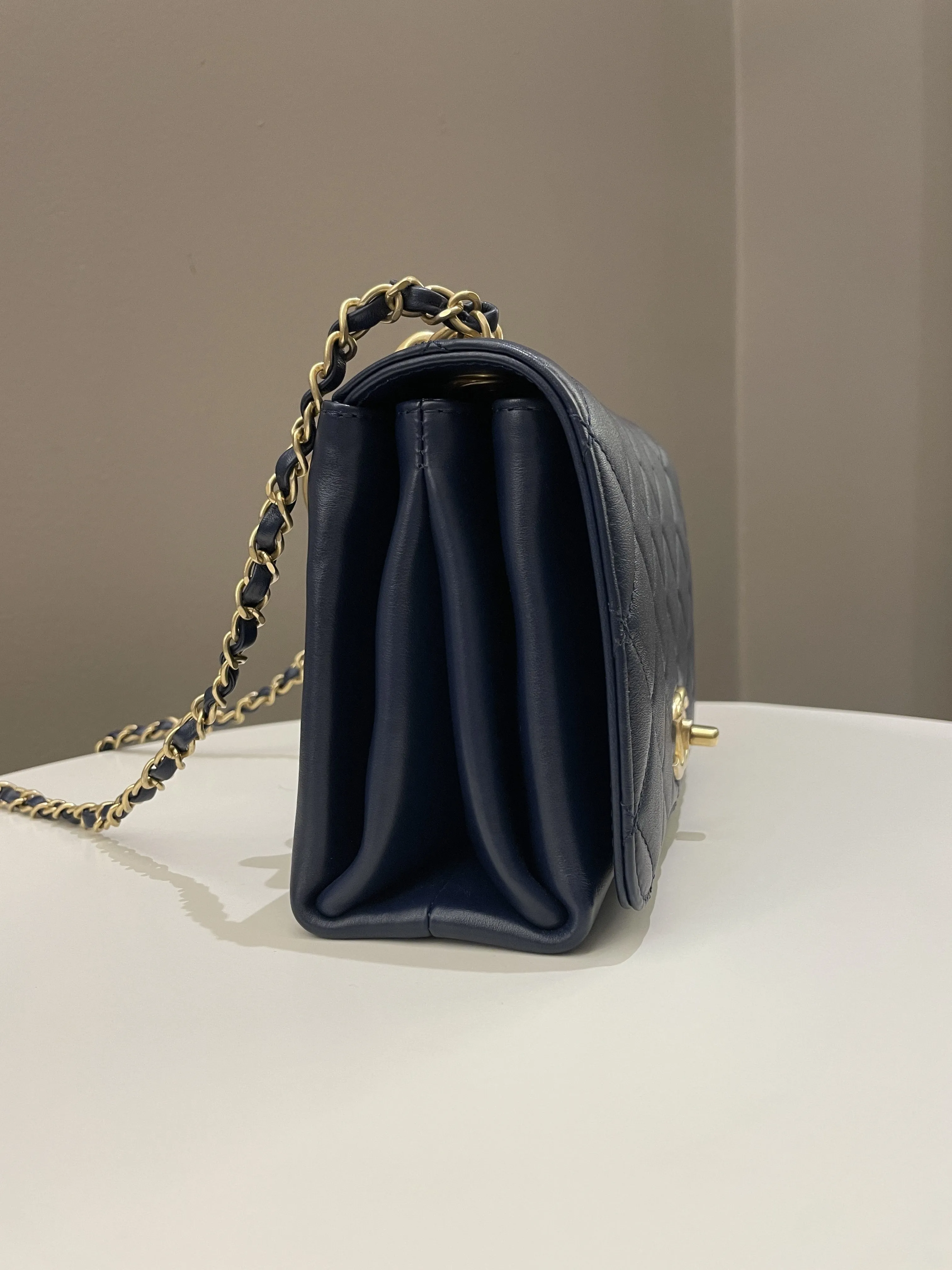 Chanel Chain Top Accordian Bag Navy Calfskin
