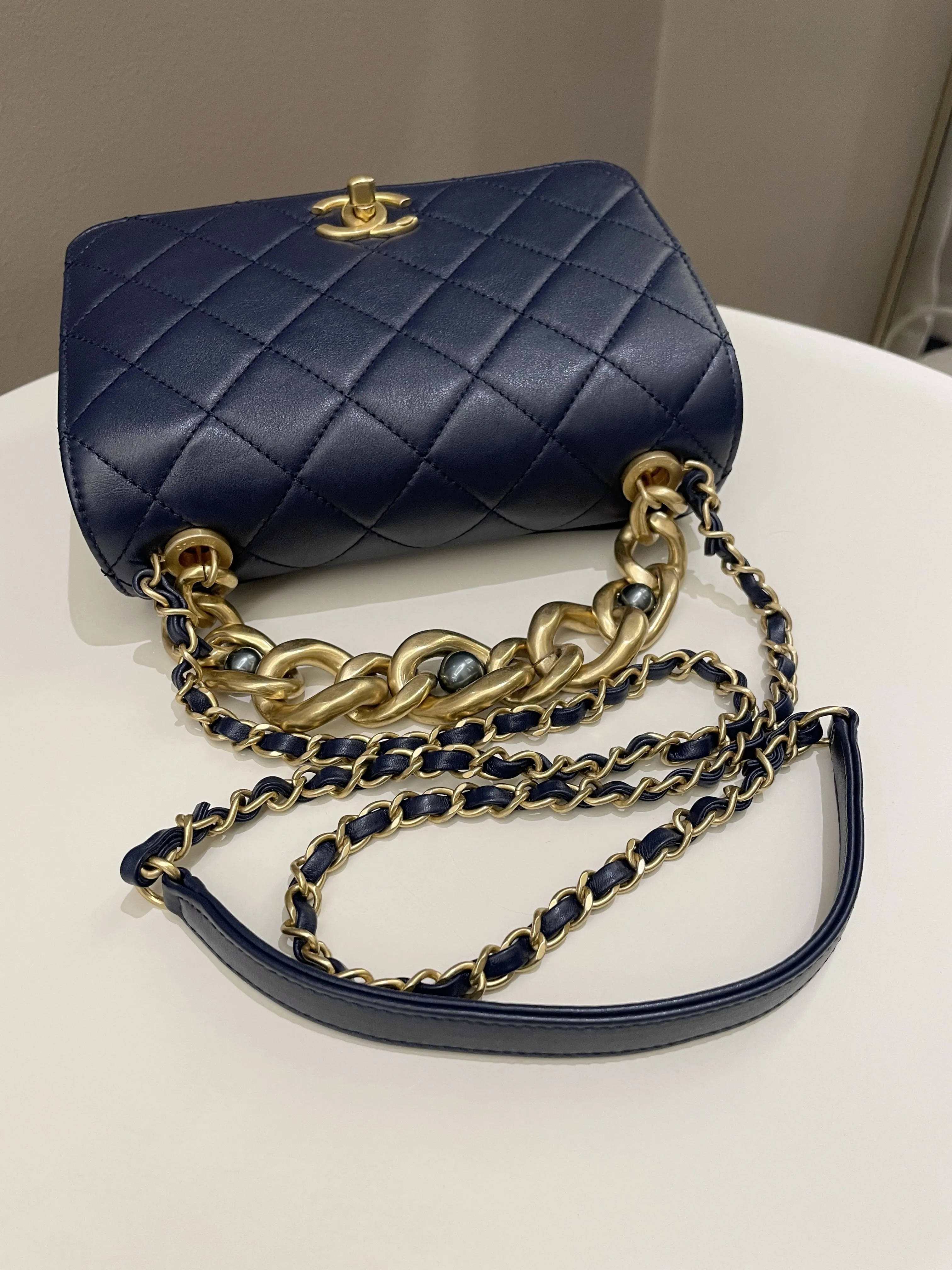 Chanel Chain Top Accordian Bag Navy Calfskin