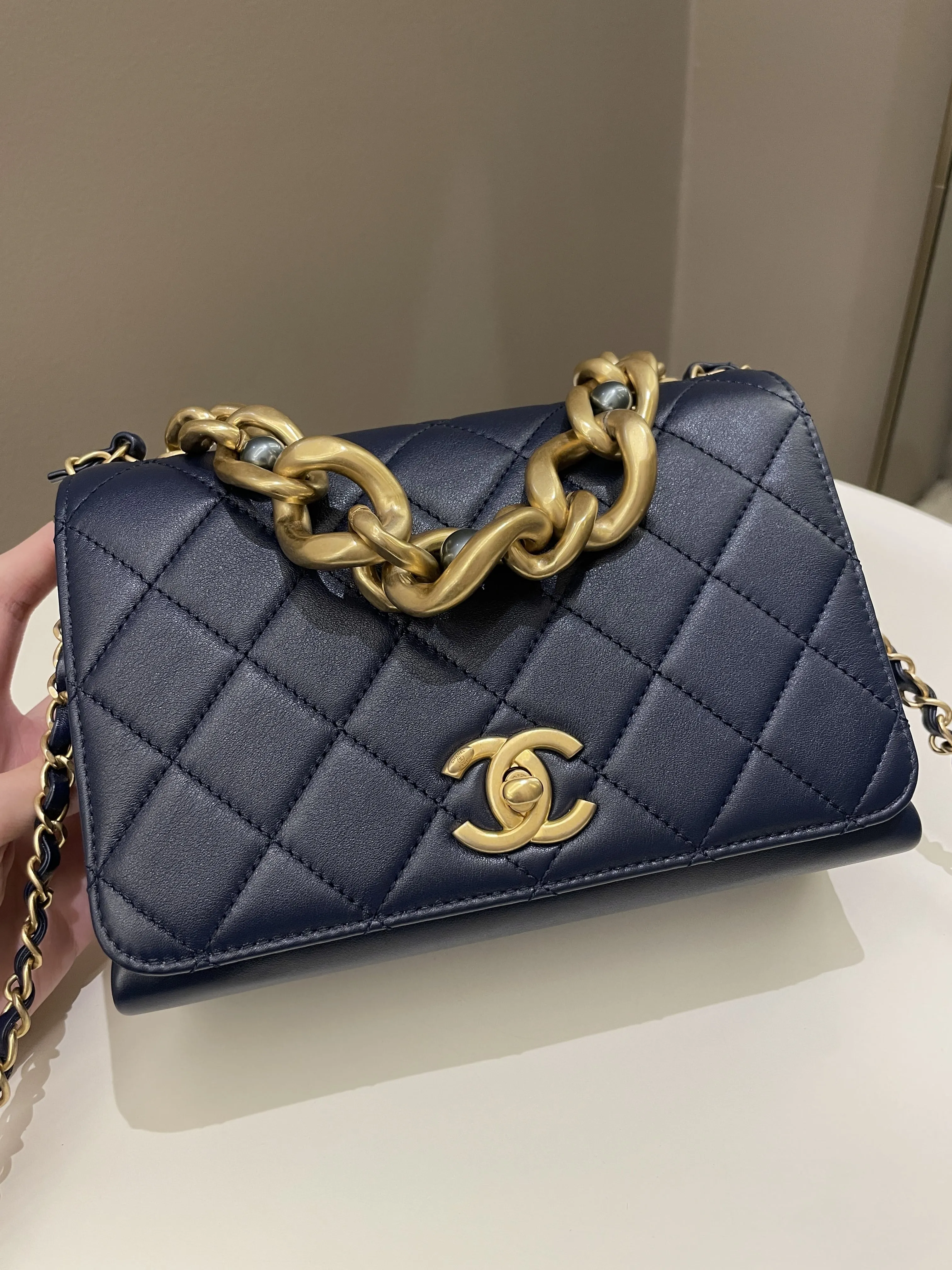 Chanel Chain Top Accordian Bag Navy Calfskin