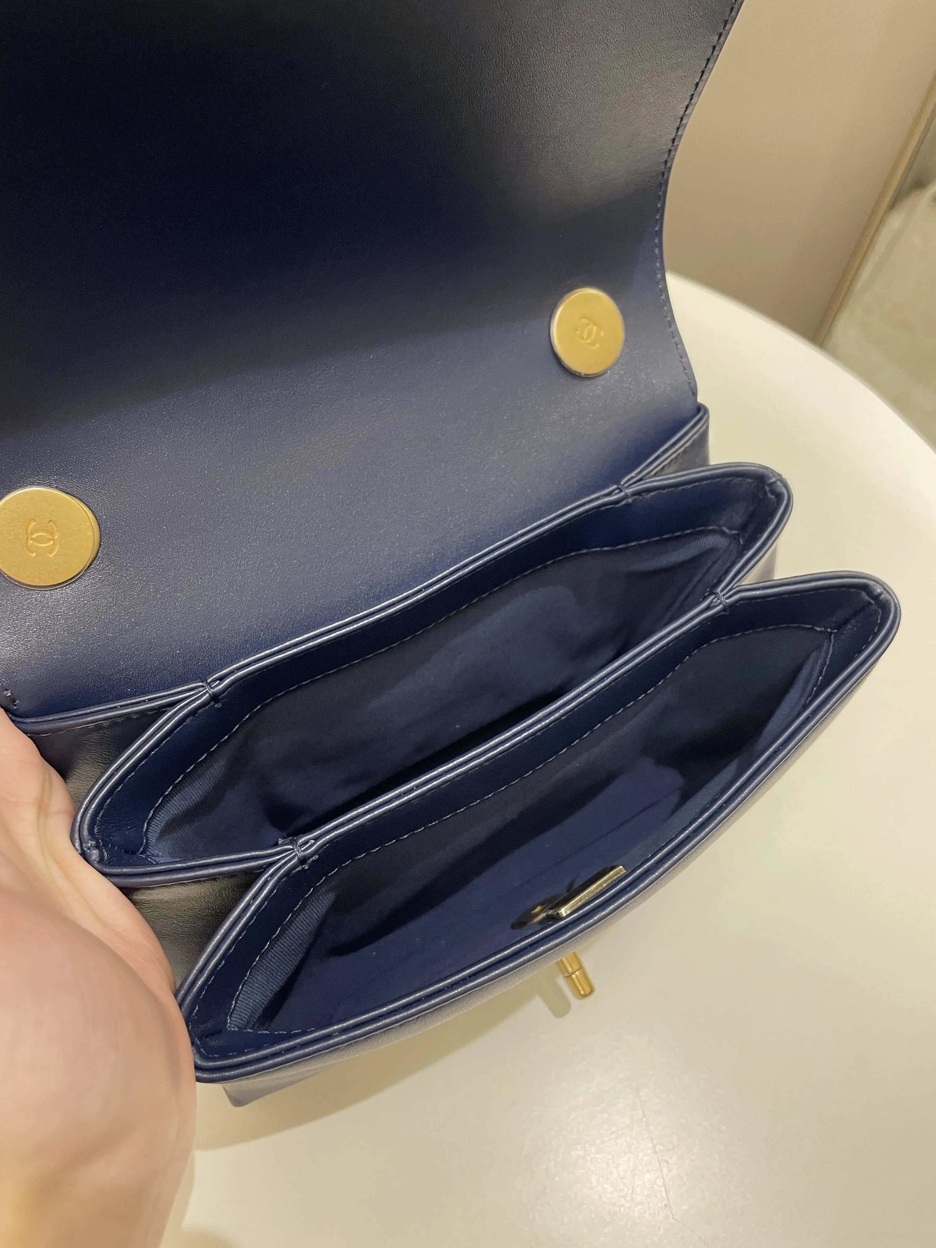 Chanel Chain Top Accordian Bag Navy Calfskin