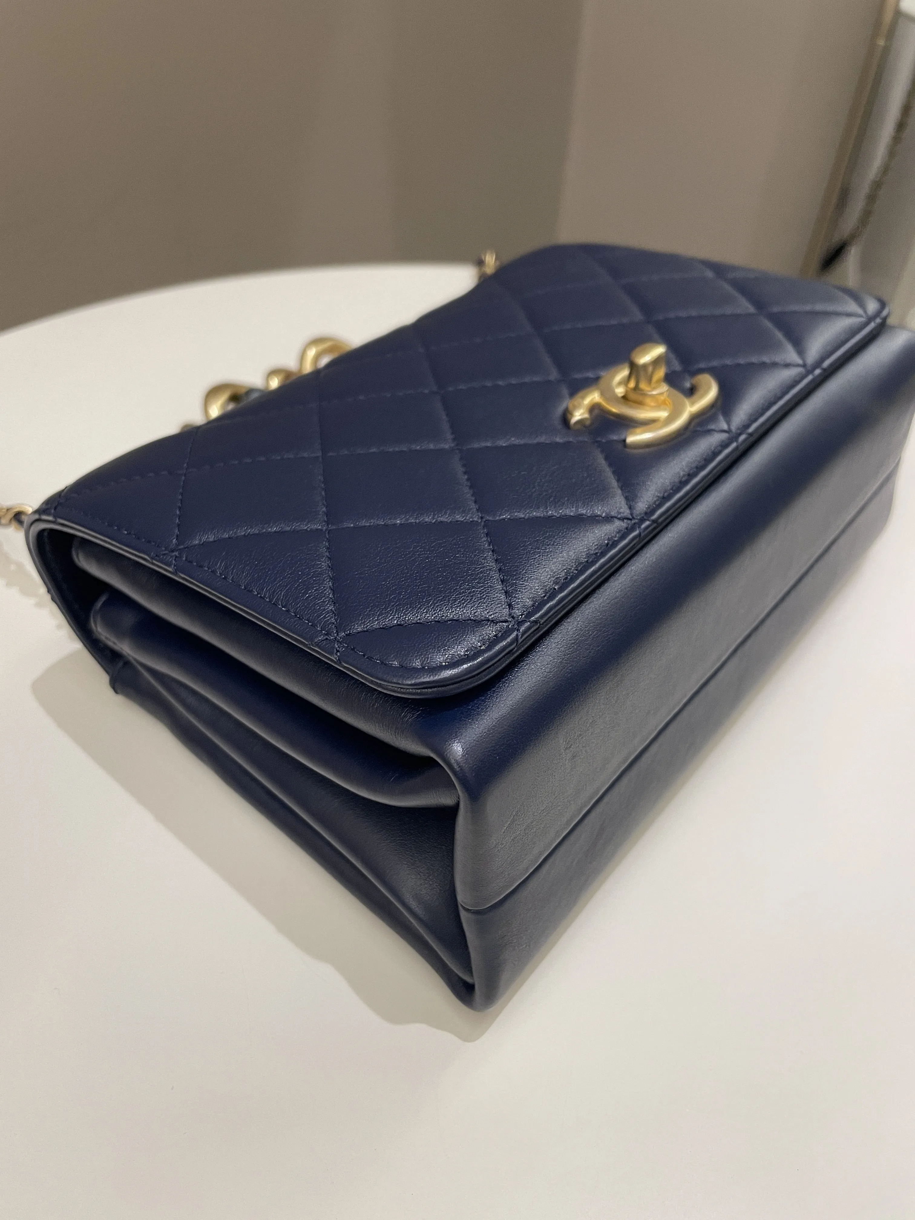 Chanel Chain Top Accordian Bag Navy Calfskin