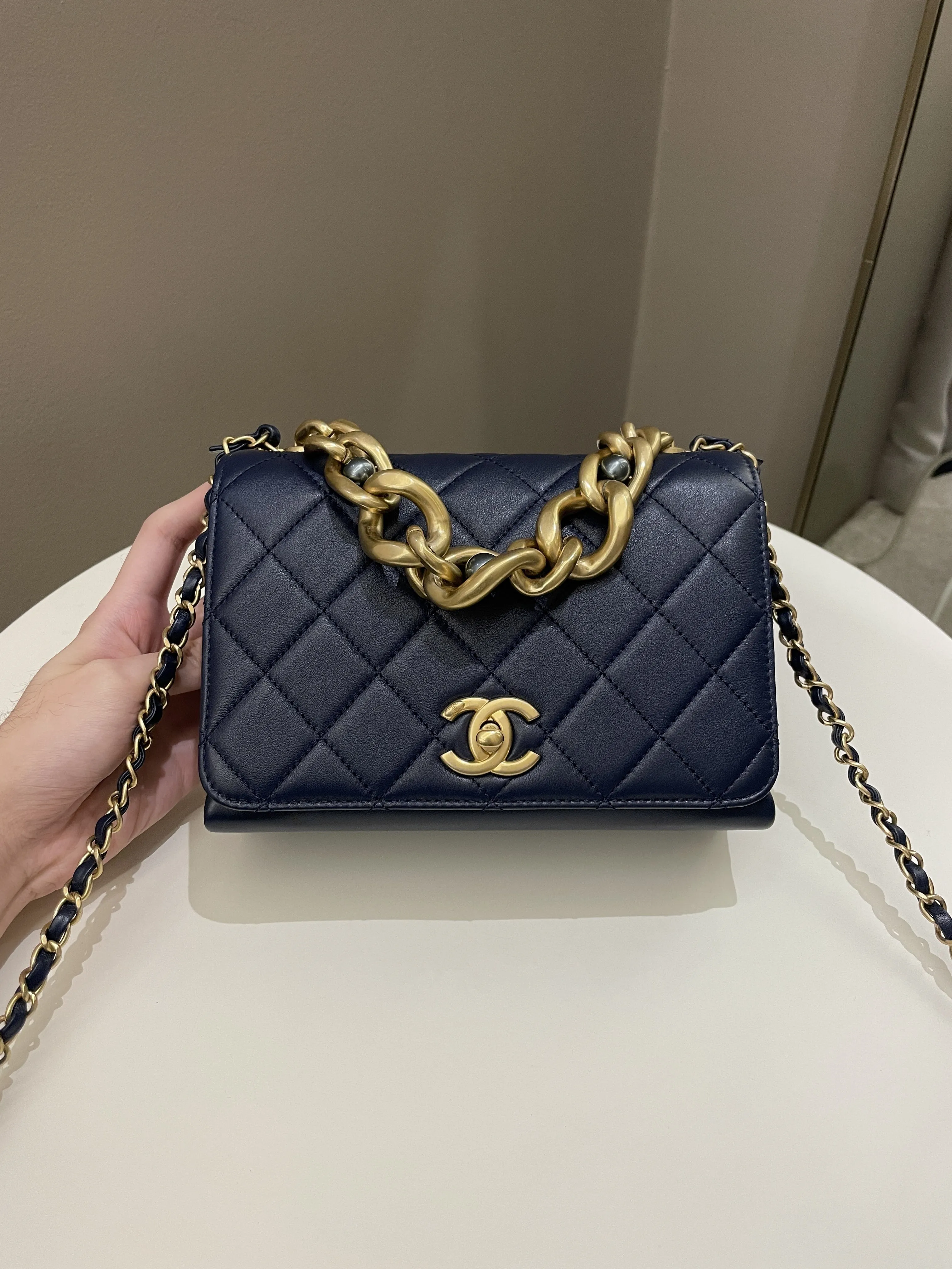 Chanel Chain Top Accordian Bag Navy Calfskin