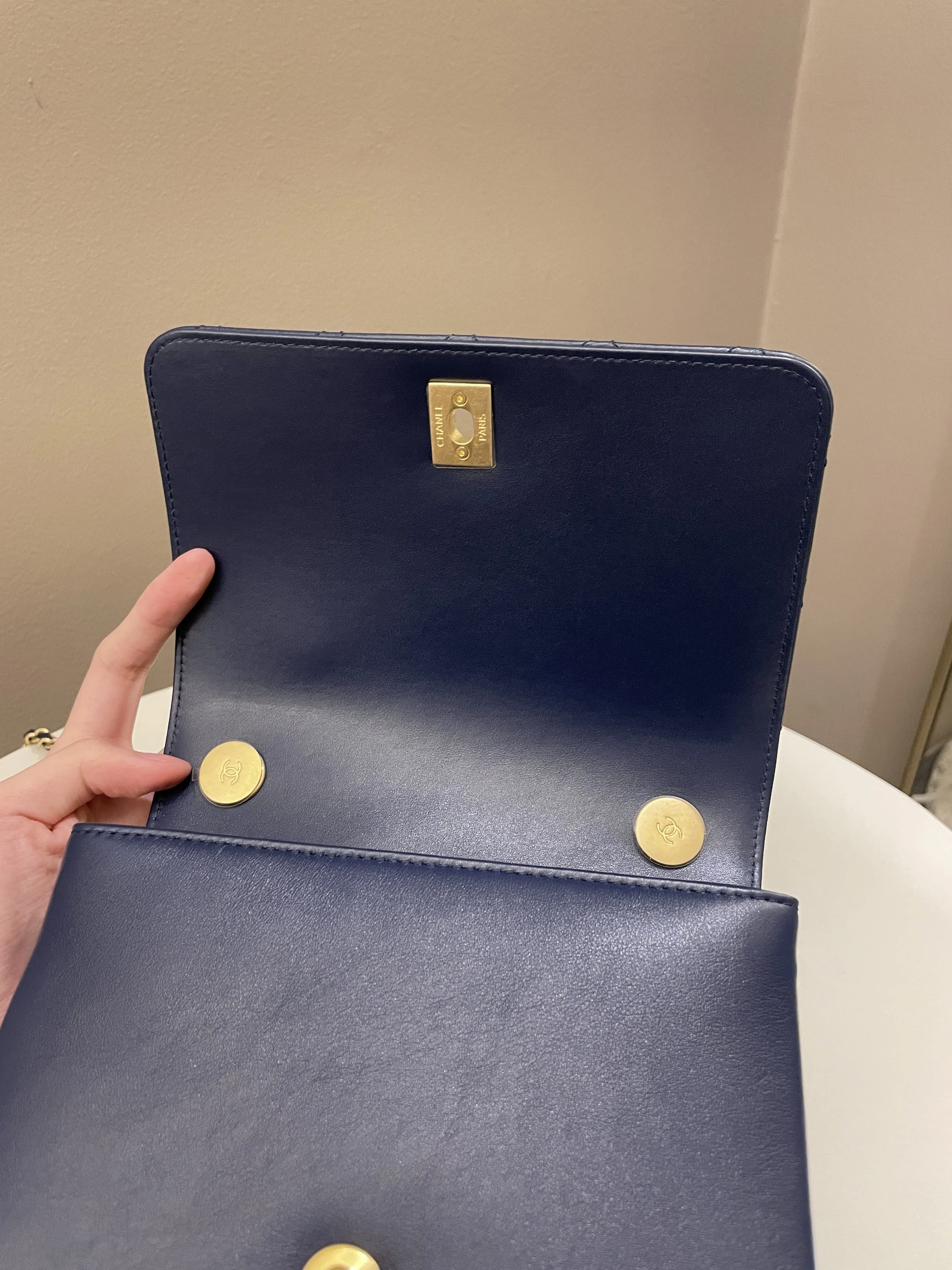 Chanel Chain Top Accordian Bag Navy Calfskin