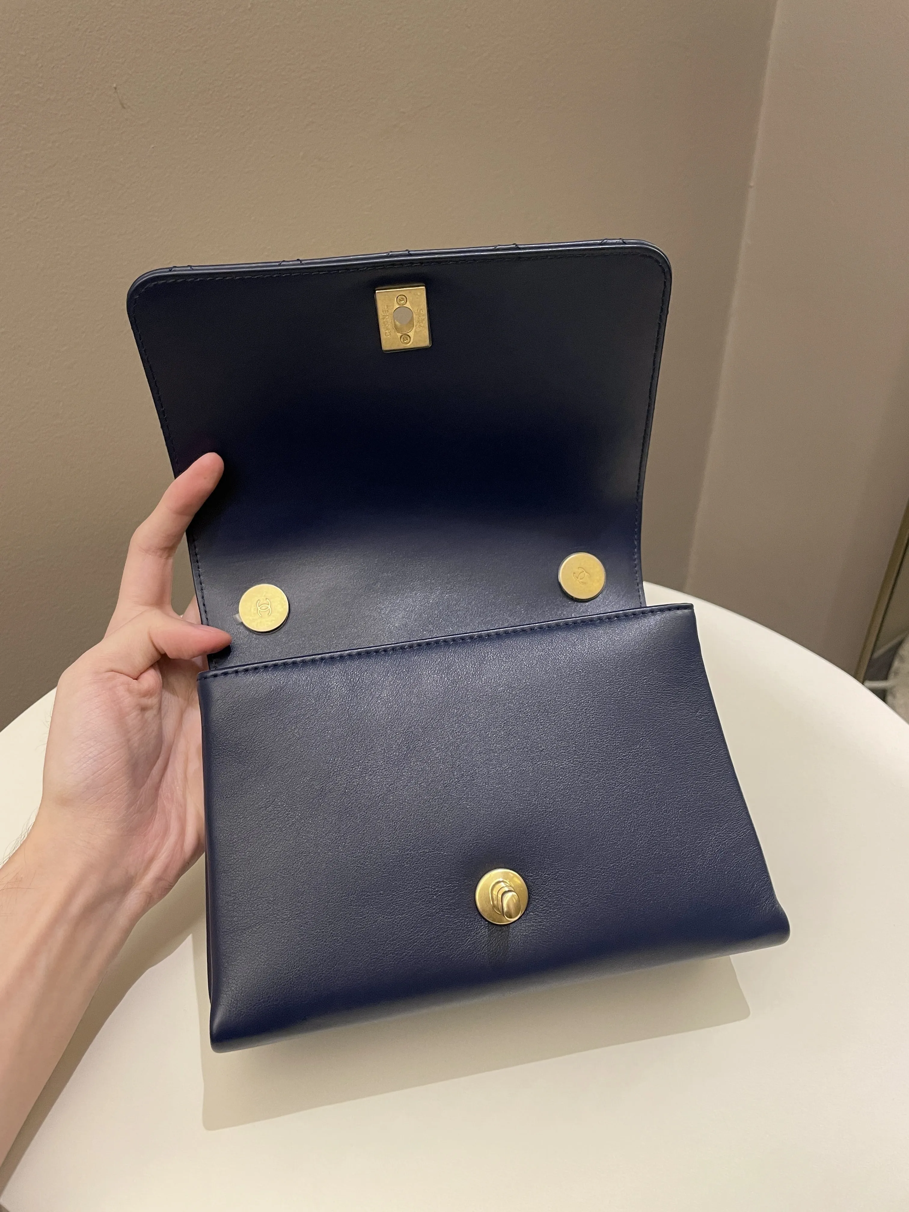 Chanel Chain Top Accordian Bag Navy Calfskin