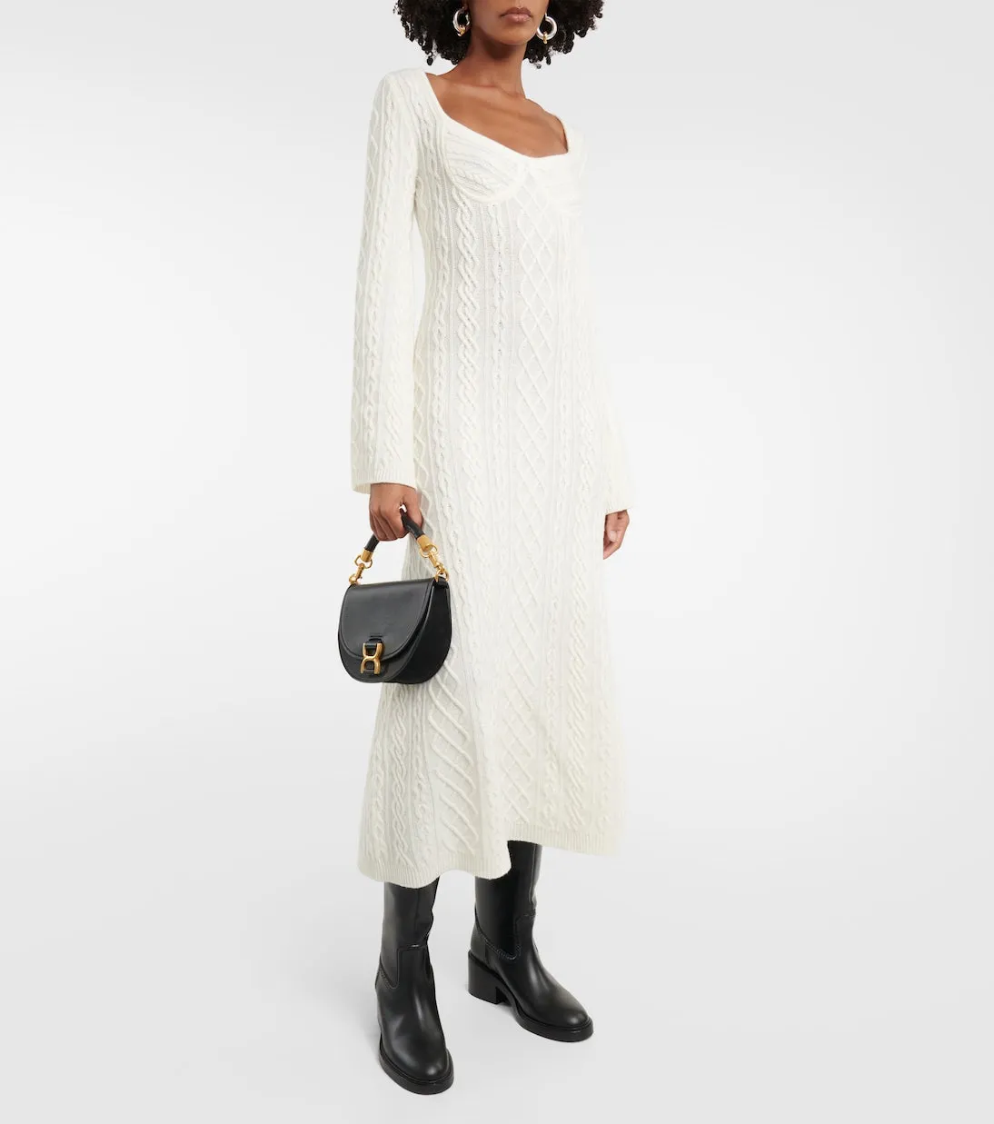 Chloé Wool and Cashmere Cable Knit Midi Dress, Neutral