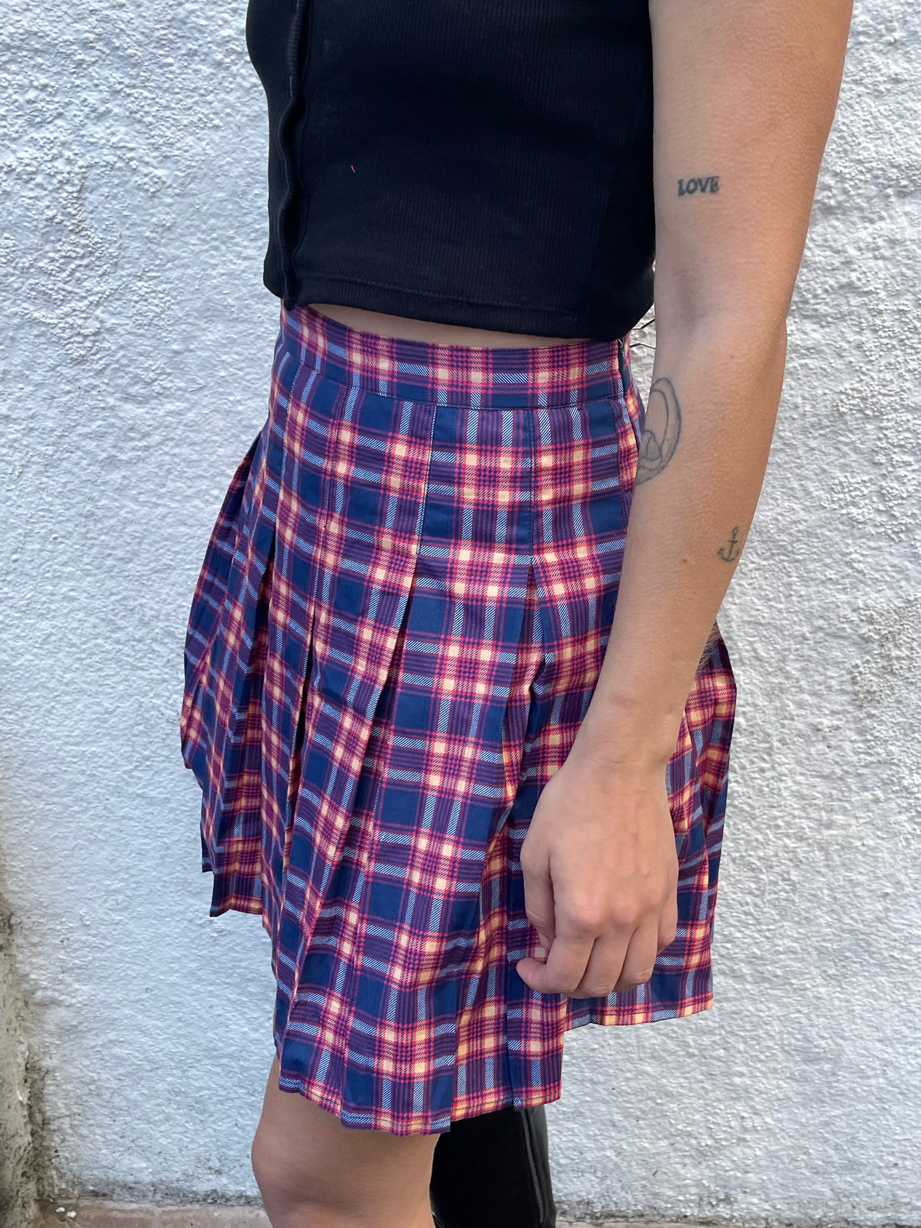 Daisy Street Mini Pleated Skirt in Orange and Navy Vintage Check