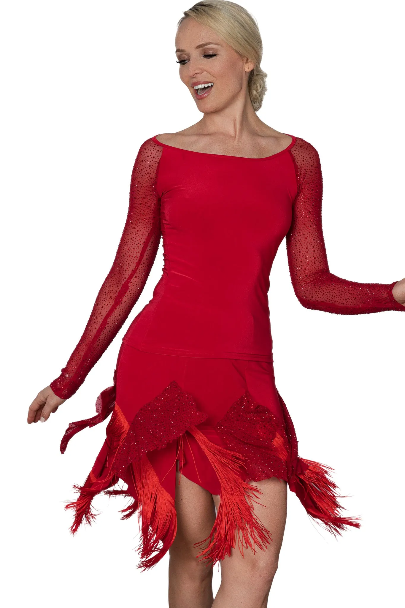 Dance America T2432 Women's Ballroom Practice T-shirt Top with Rhinestone Sleeves in Stock