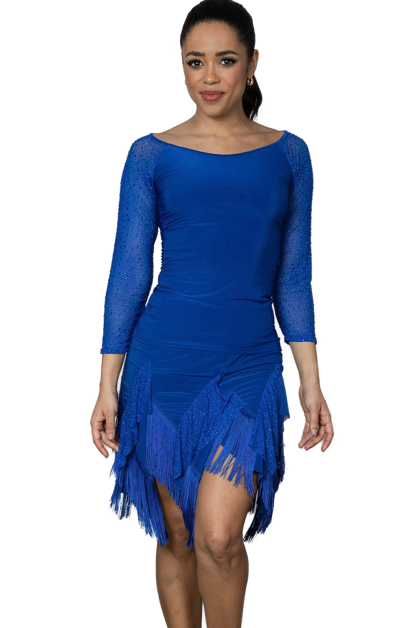 Dance America T2432 Women's Ballroom Practice T-shirt Top with Rhinestone Sleeves in Stock
