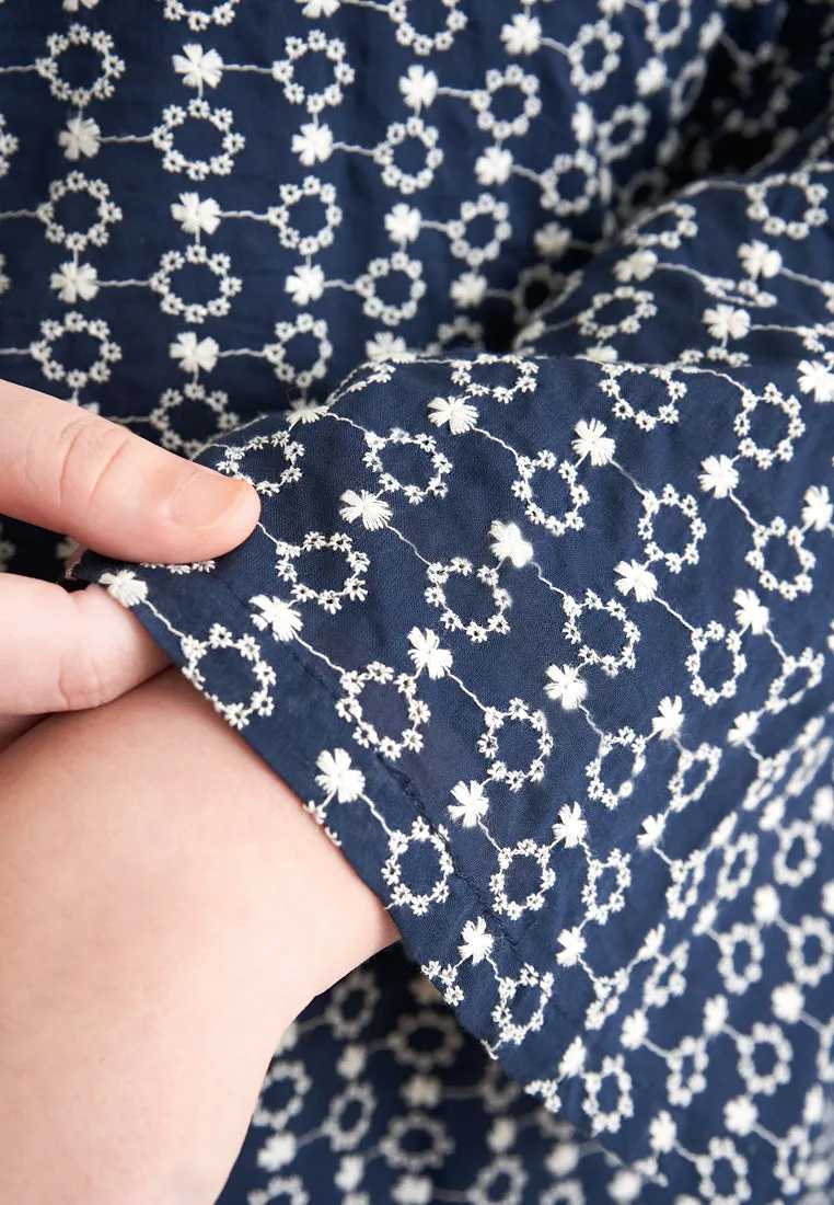 Elmira Cotton Embroidery Eyelet Kurung Pahang Set - Dark Blue
