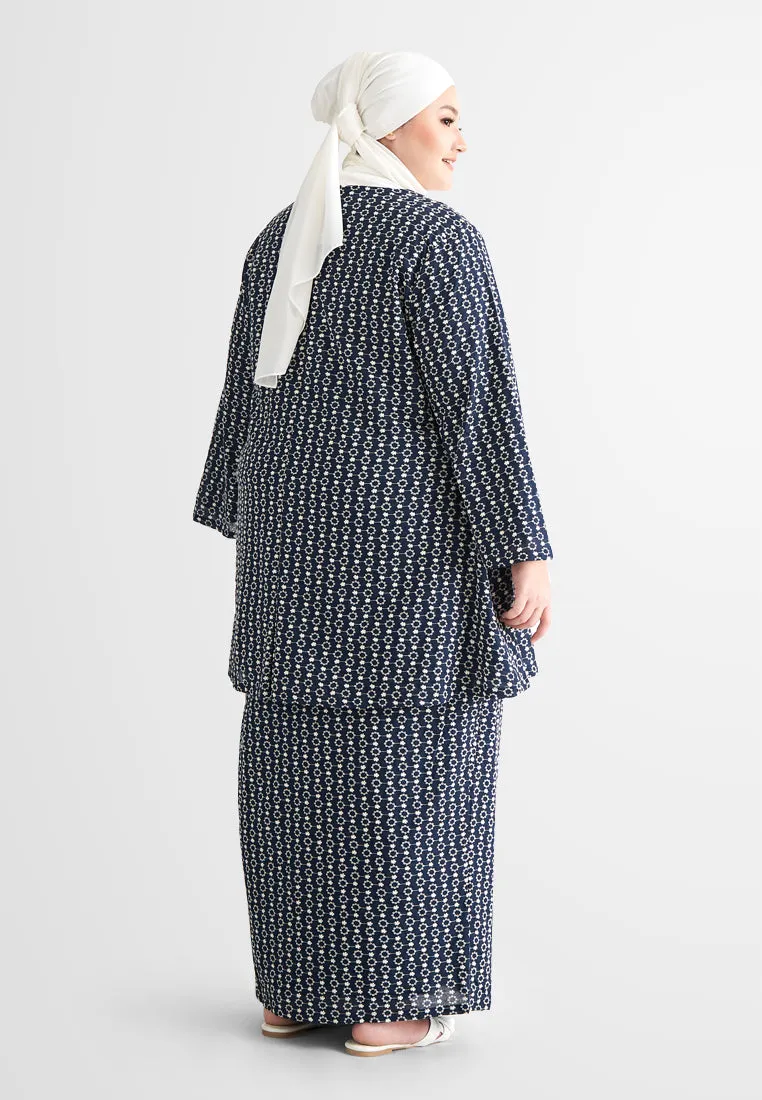 Elmira Cotton Embroidery Eyelet Kurung Pahang Set - Dark Blue