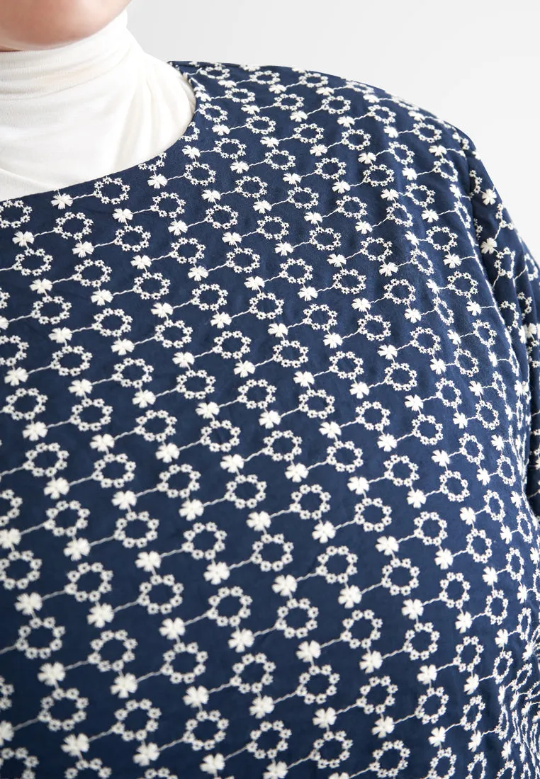 Elmira Cotton Embroidery Eyelet Kurung Pahang Set - Dark Blue