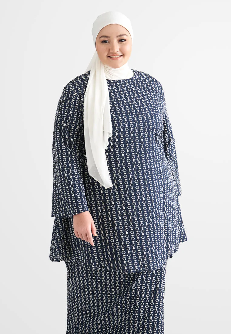 Elmira Cotton Embroidery Eyelet Kurung Pahang Set - Dark Blue