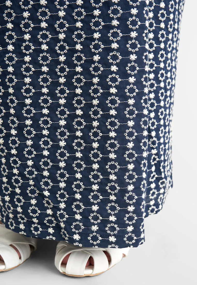 Elmira Cotton Embroidery Eyelet Kurung Pahang Set - Dark Blue