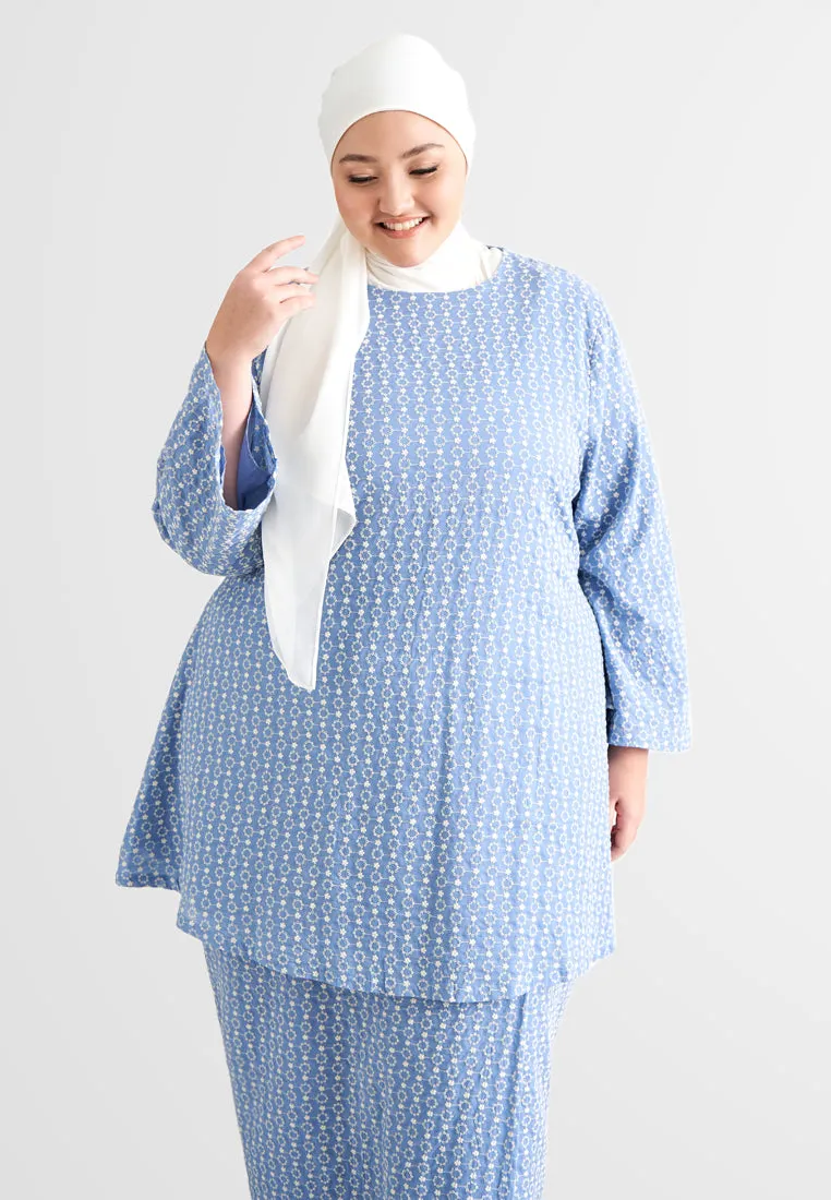Elmira Cotton Embroidery Eyelet Kurung Pahang Set - Sky Blue